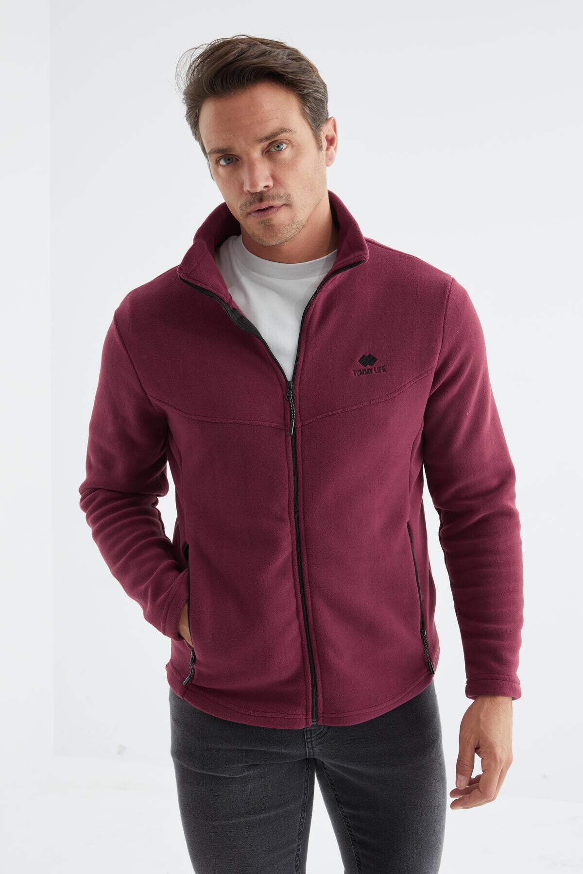 Erguvan Fermuarlı Dik Yaka Standart Kalıp Erkek Polar Sweatshirt - 88134