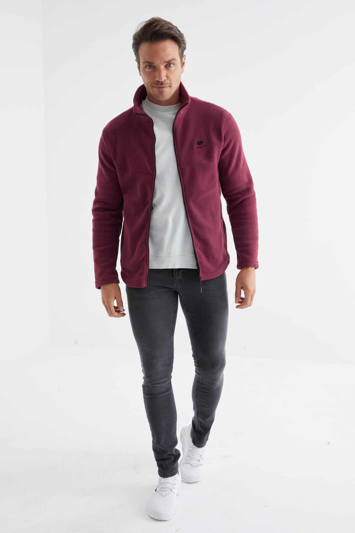 Erguvan Fermuarlı Dik Yaka Standart Kalıp Erkek Polar Sweatshirt - 88134