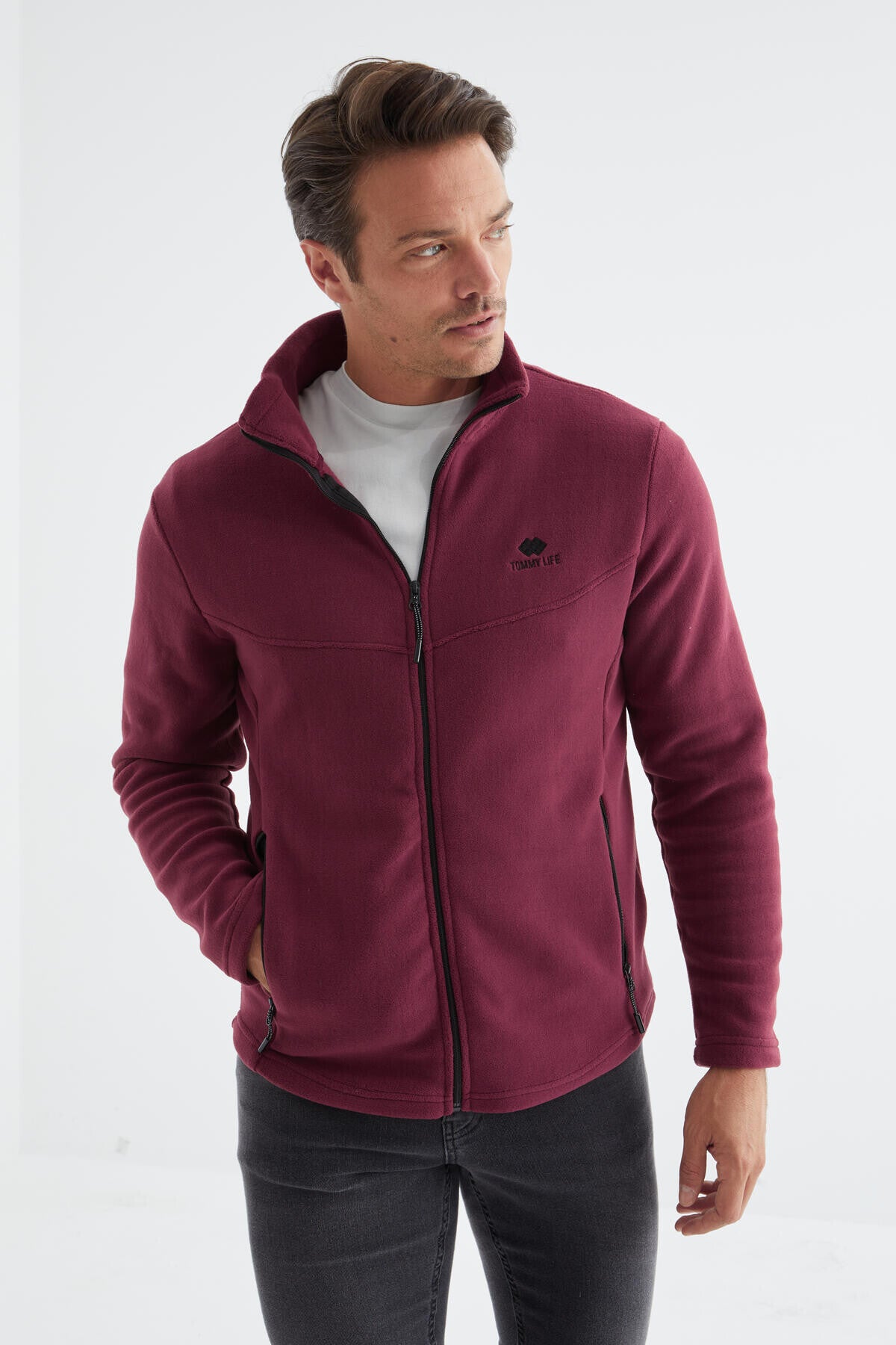 Erguvan Fermuarlı Dik Yaka Standart Kalıp Erkek Polar Sweatshirt - 88134