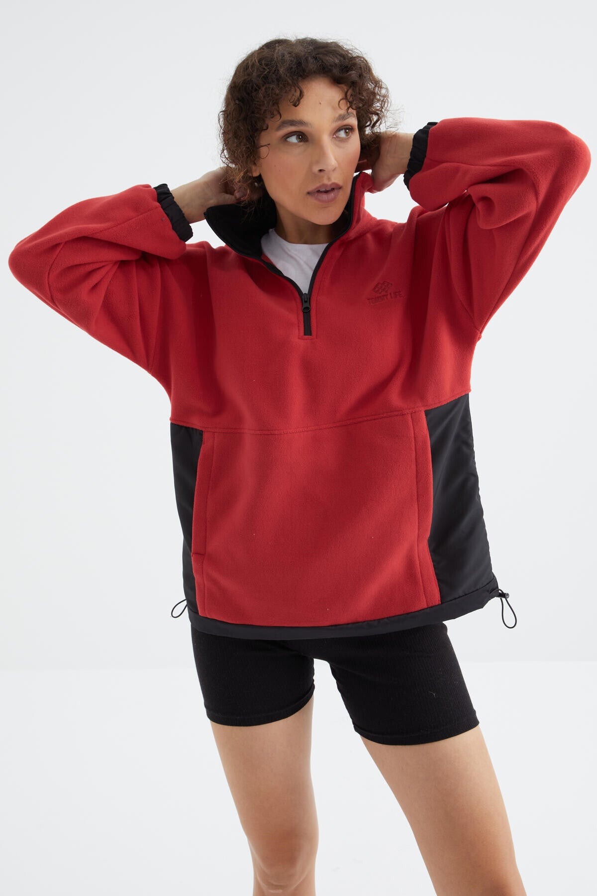Fiesta Yarım Fermuar Etek Ucu Büzgülü Dik Yaka  Oversize Kadın Polar Sweatshirt - 97236