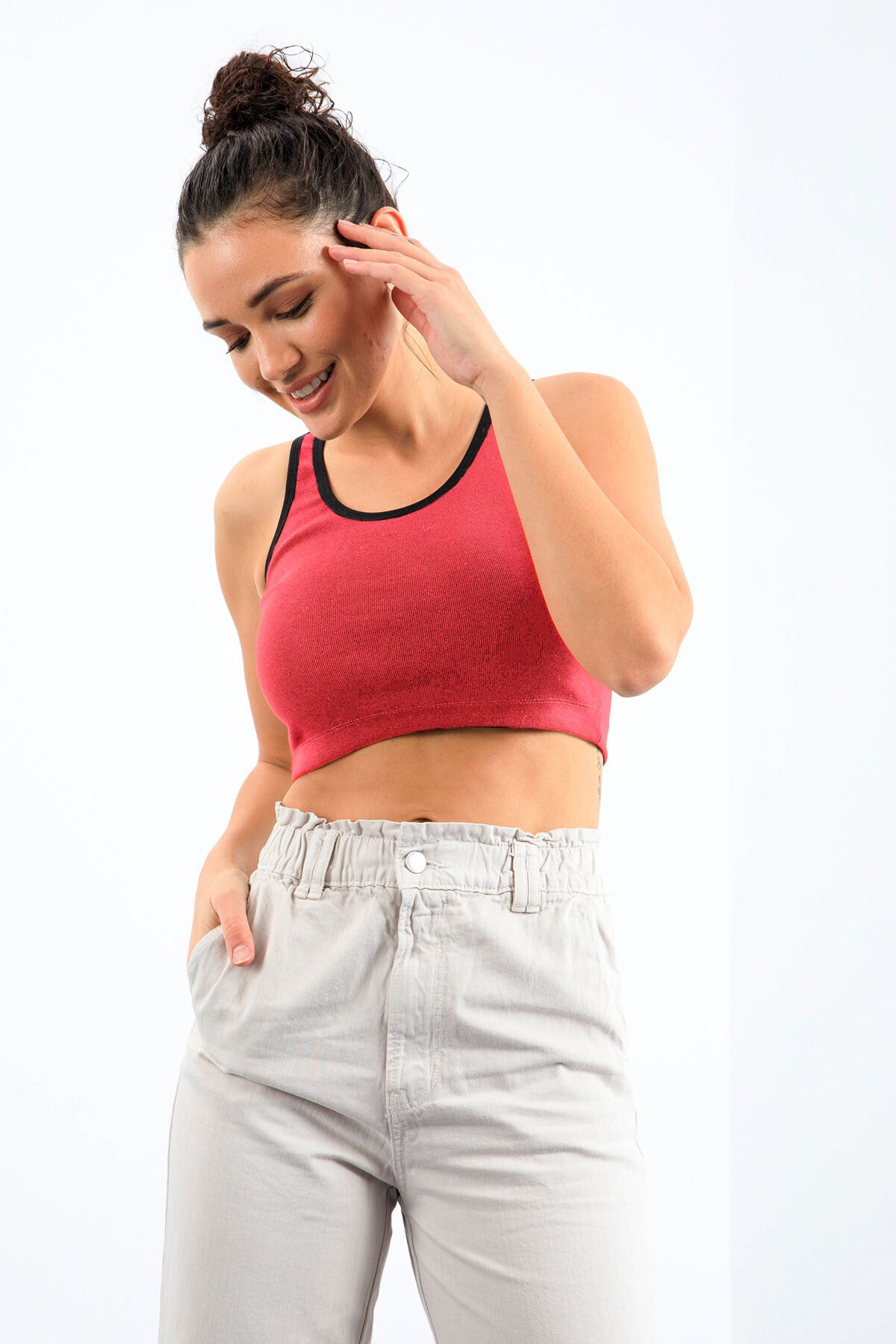 Fuşya Basic Sıfır Kol Dar Kalıp U Yaka Kadın Crop Top Atlet - 97162