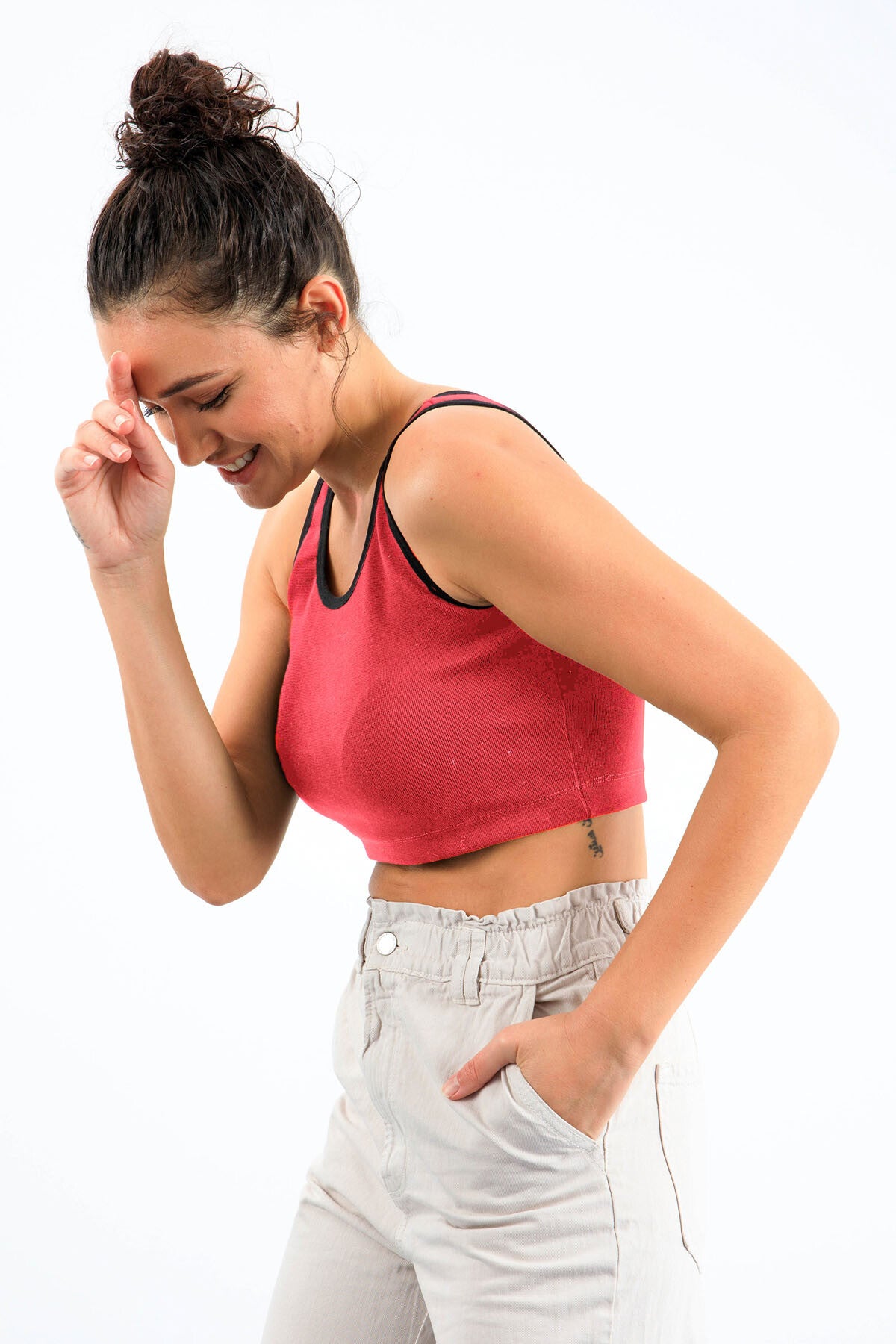 Fuşya Basic Sıfır Kol Dar Kalıp U Yaka Kadın Crop Top Atlet - 97162