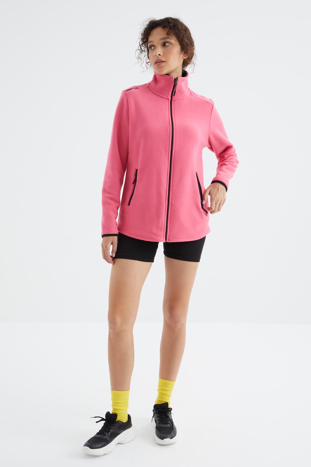 Fuşya Dik Yaka Fermuarlı Rahat Form Kadın Polar Sweatshirt - 97173