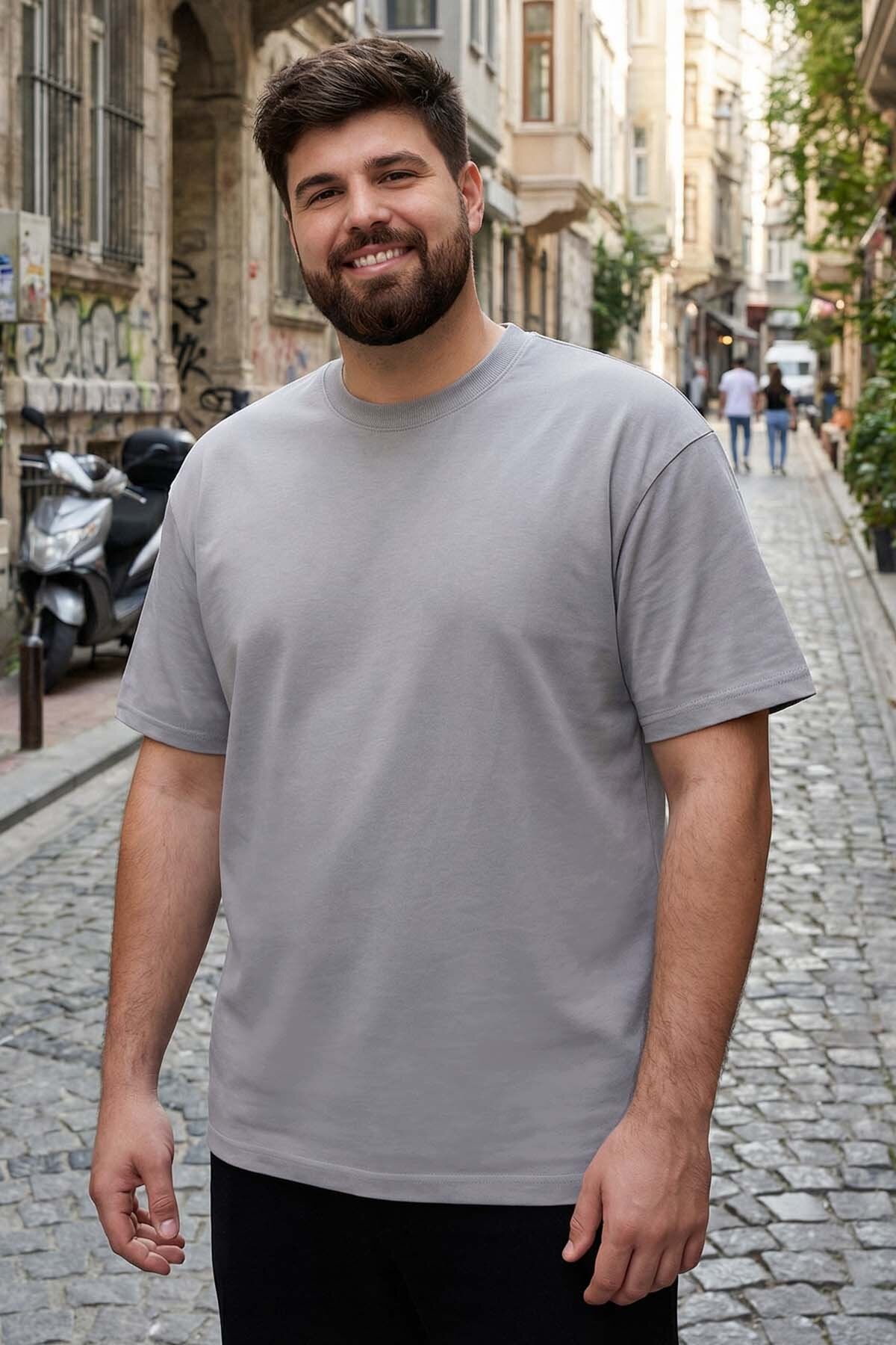 Gri Basic Kısa Kol O Yaka Büyük Beden Erkek T-Shirt - 88072