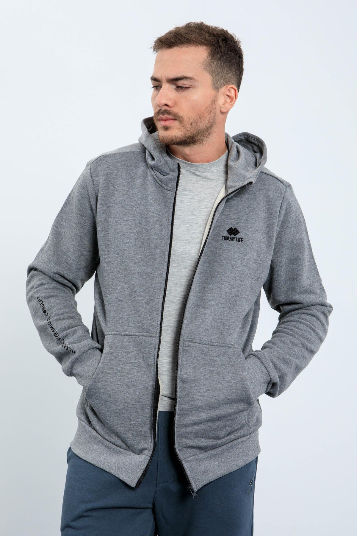 Gri Melanj Basic Kapüşonlu Rahat Form Nakış Detaylı Fermuarlı Erkek Sweatshirt - 88035