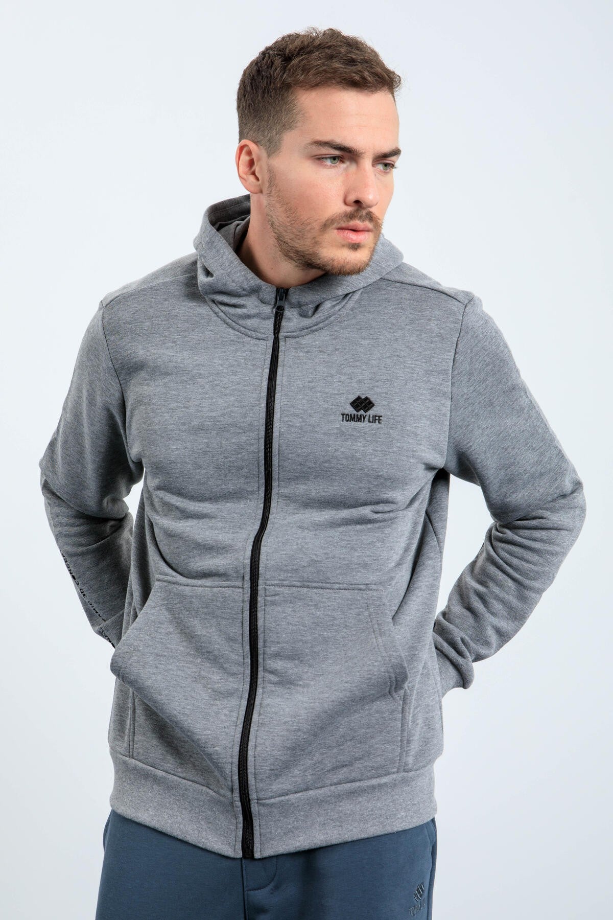 Gri Melanj Basic Kapüşonlu Rahat Form Nakış Detaylı Fermuarlı Erkek Sweatshirt - 88035