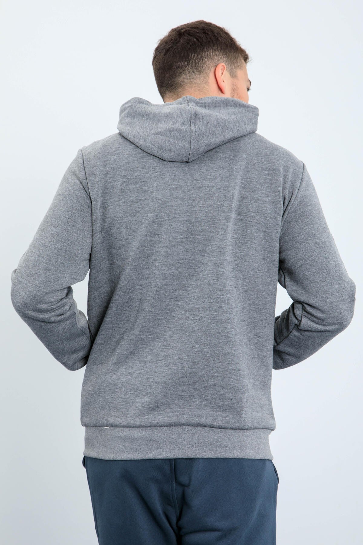 Gri Melanj Basic Kapüşonlu Rahat Form Nakış Detaylı Fermuarlı Erkek Sweatshirt - 88035