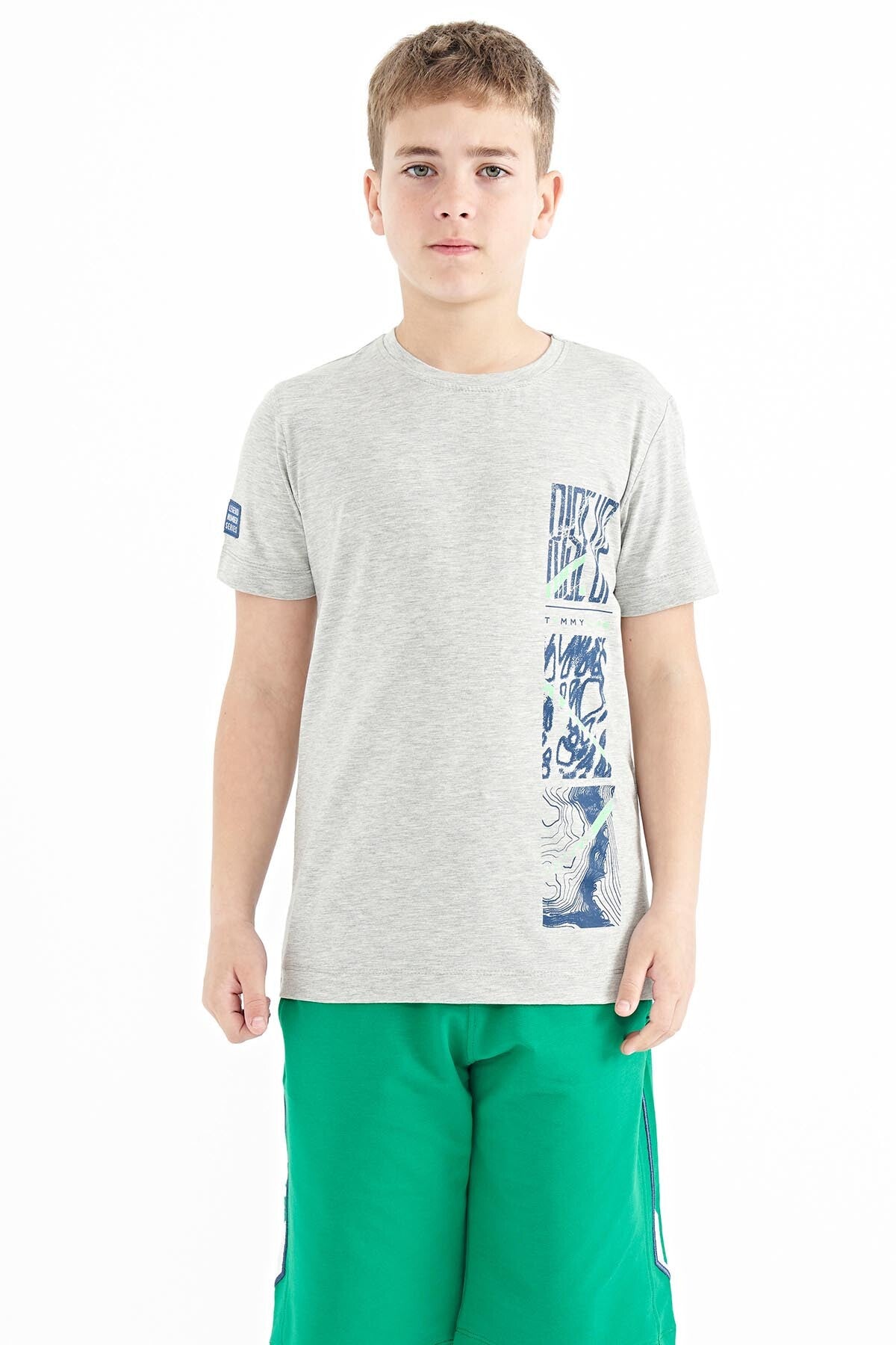 Gri Melanj Baskı Detaylı O Yaka Standart Kalıp Erkek Çocuk T-Shirt - 11104