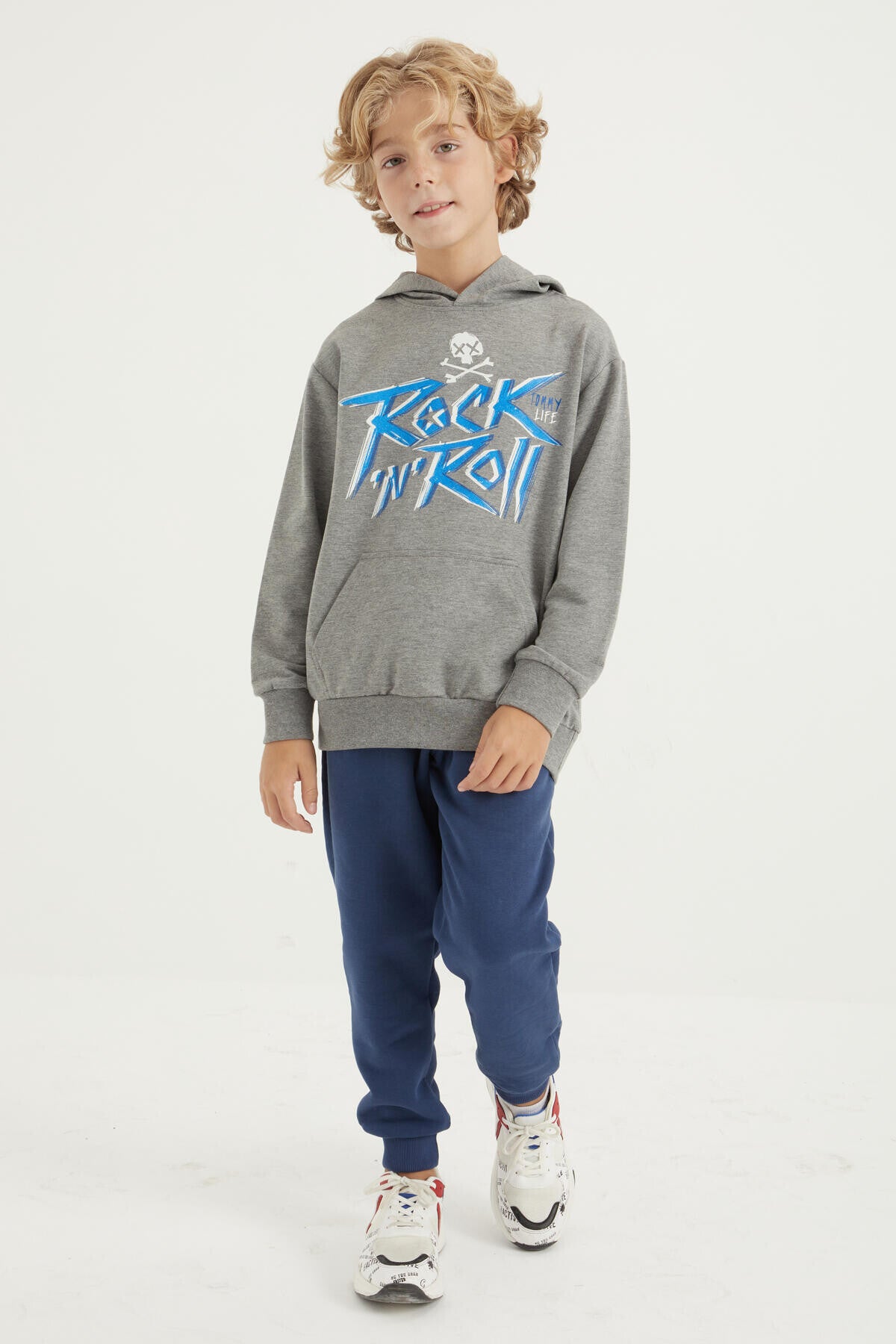 Gri Melanj Yazı Baskılı Kanguru Cepli Kapüşonlu Standart Kalıp Erkek Çocuk Sweatshirt - 11002
