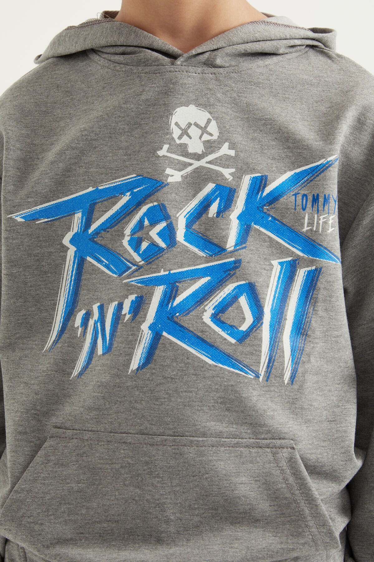 Gri Melanj Yazı Baskılı Kanguru Cepli Kapüşonlu Standart Kalıp Erkek Çocuk Sweatshirt - 11002