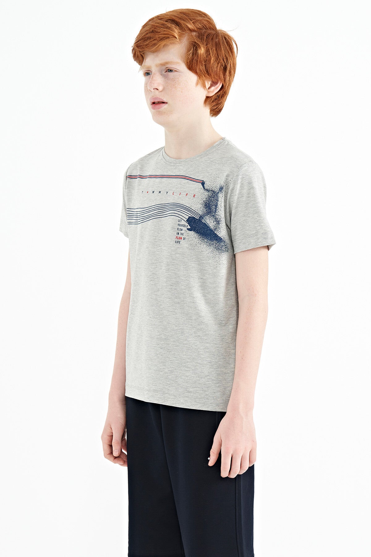 Gri Melanj Baskı Detaylı Standart Kalıp O Yaka Erkek Çocuk T-Shirt - 11133