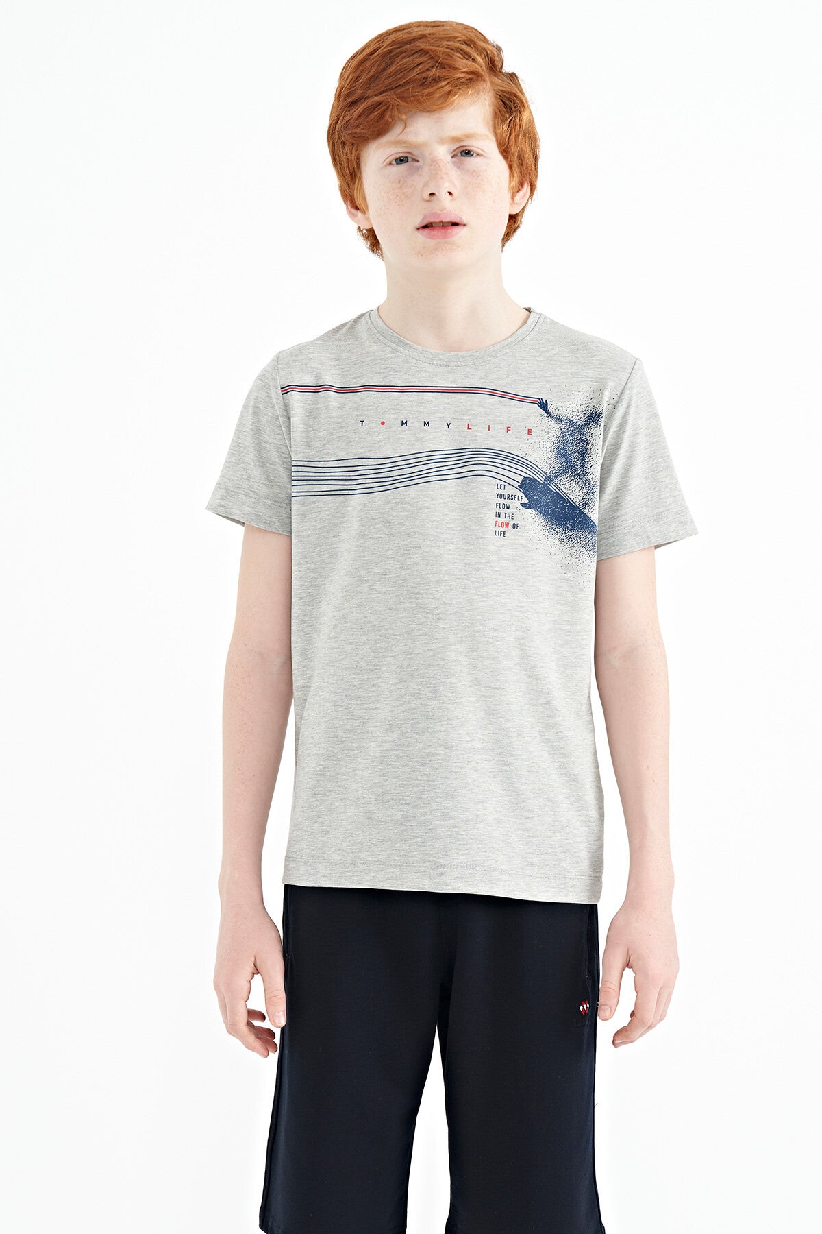 Gri Melanj Baskı Detaylı Standart Kalıp O Yaka Erkek Çocuk T-Shirt - 11133