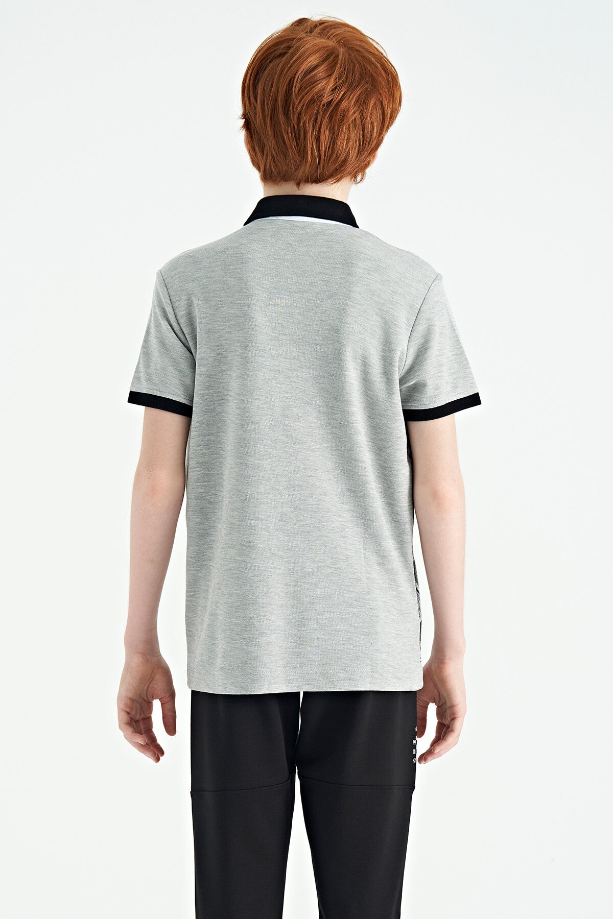 Gri Melanj Baskı Detaylı Standart Kalıp Polo Yaka Erkek Çocuk T-Shirt - 11165