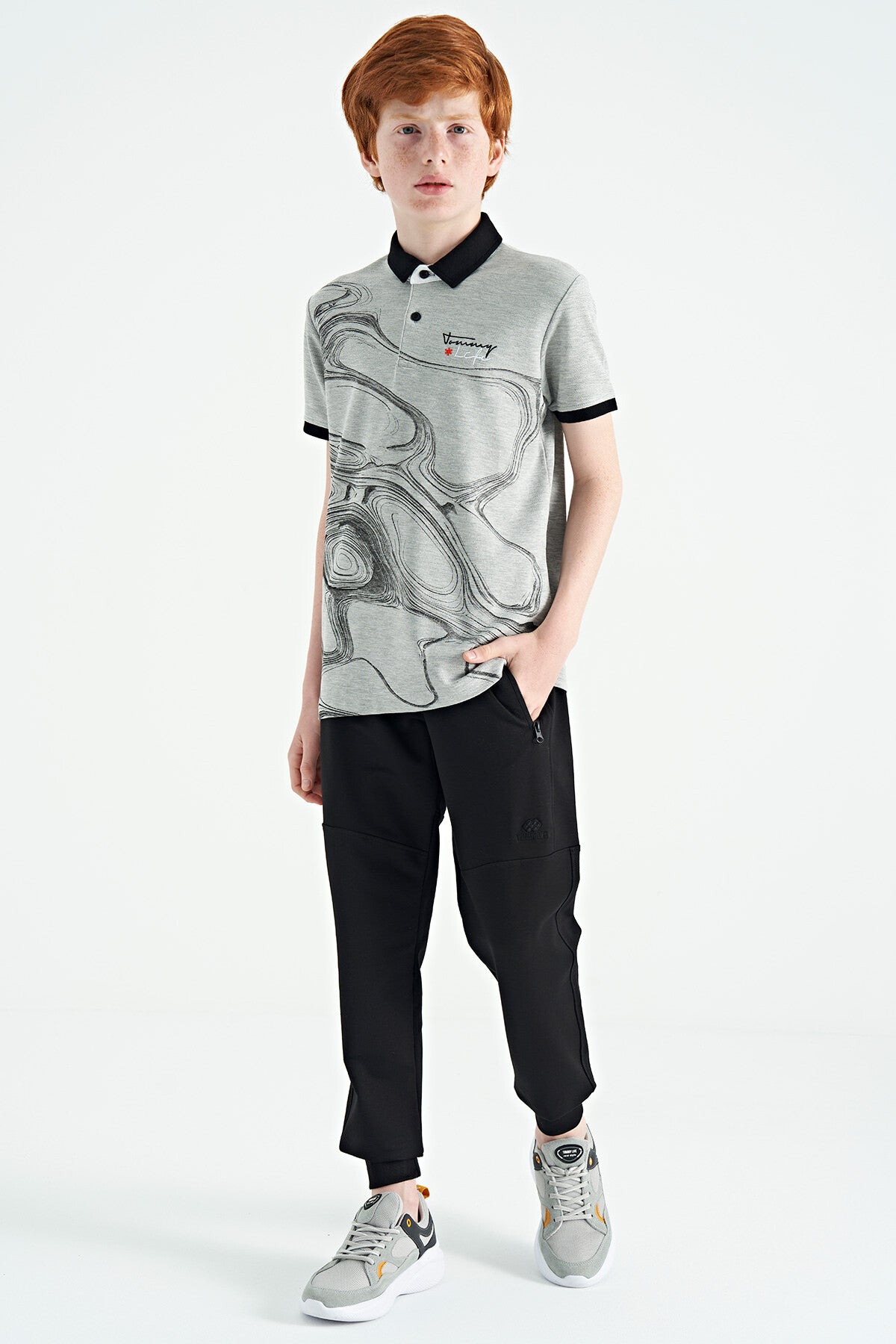 Gri Melanj Baskı Detaylı Standart Kalıp Polo Yaka Erkek Çocuk T-Shirt - 11165