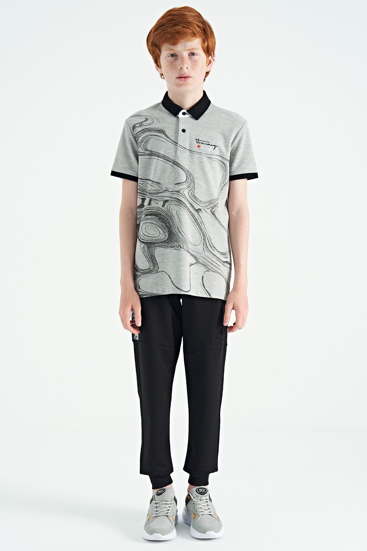 Gri Melanj Baskı Detaylı Standart Kalıp Polo Yaka Erkek Çocuk T-Shirt - 11165