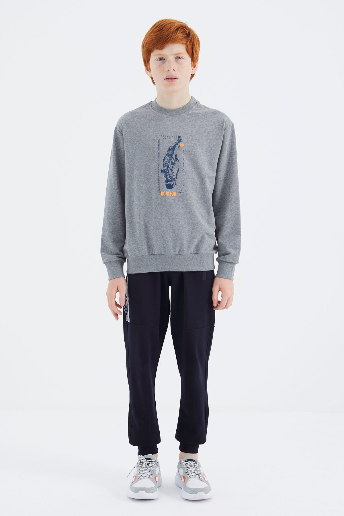 Gri Melanj Baskılı Erkek Çocuk Sweatshirt - 11174