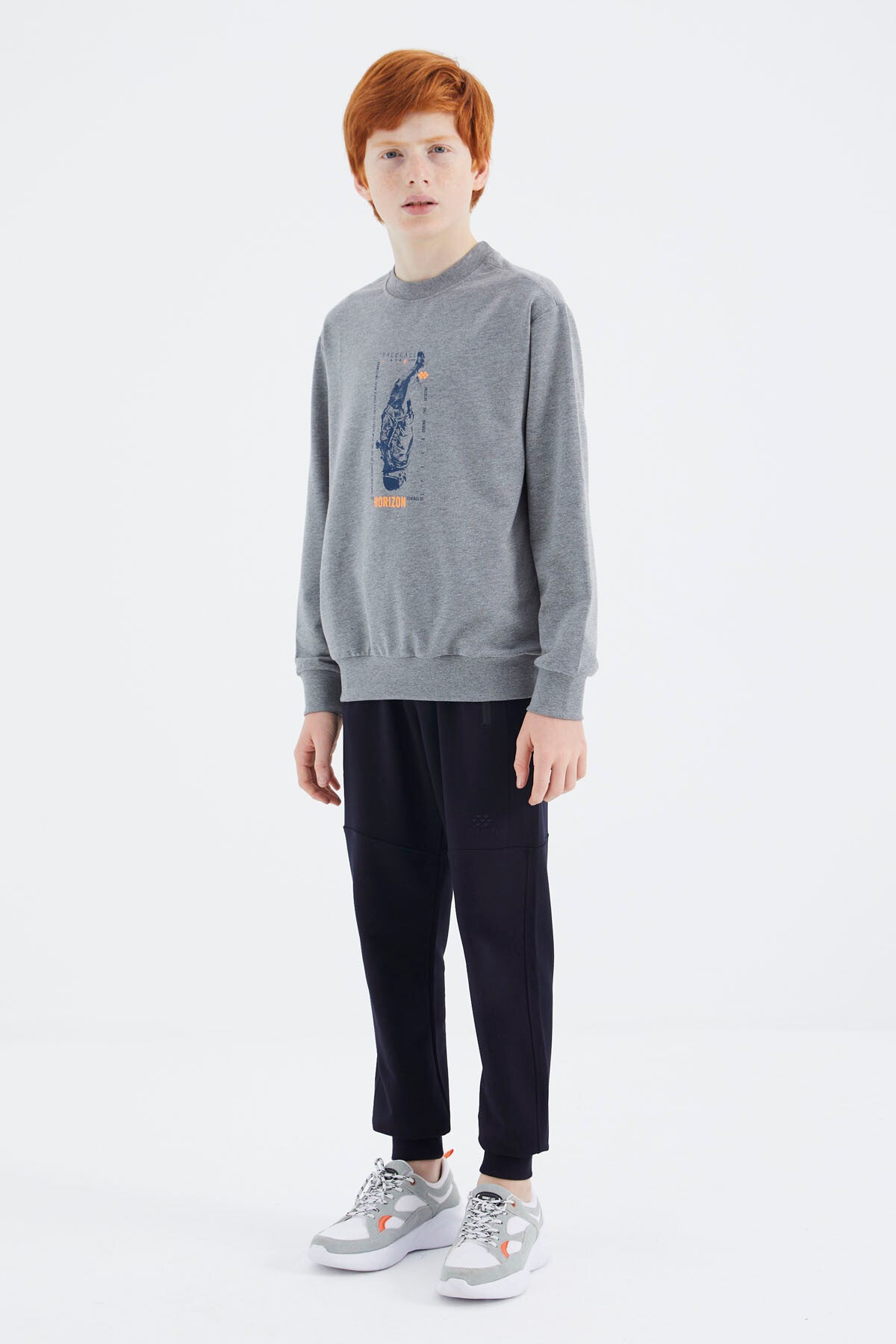 Gri Melanj Baskılı Erkek Çocuk Sweatshirt - 11174