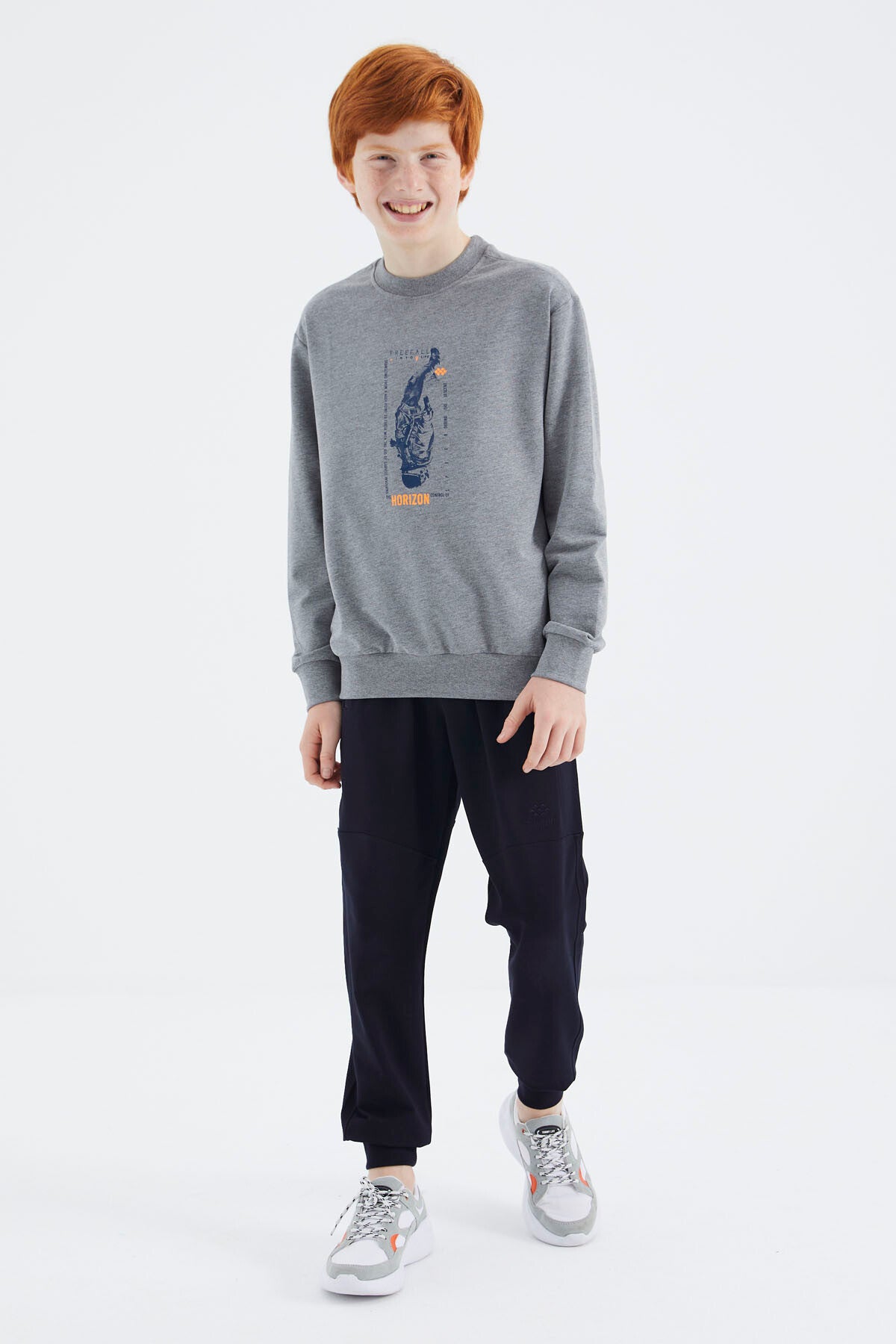 Gri Melanj Baskılı Erkek Çocuk Sweatshirt - 11174