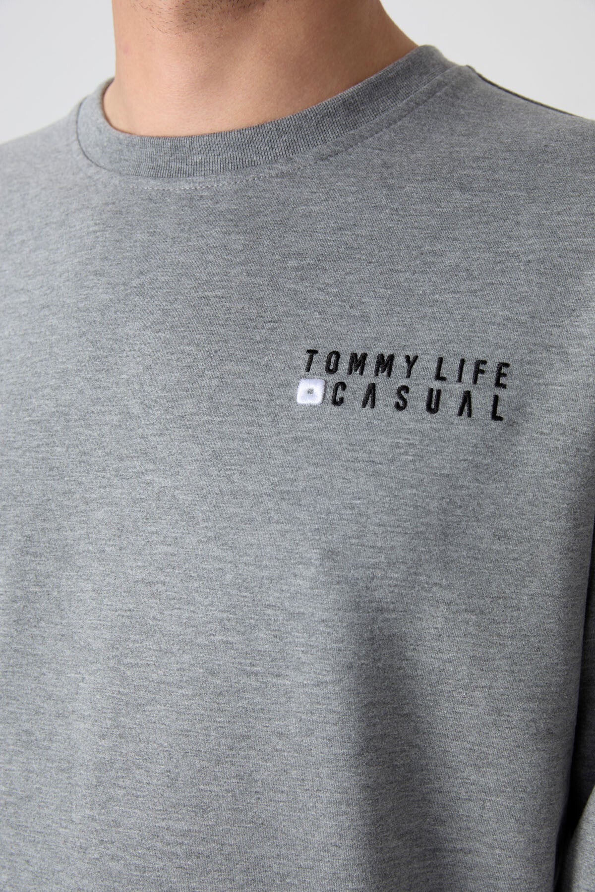 Gri Melanj Casual O Yaka Lastik Paça Pamuklu Erkek Oversize Eşofman Takımı - 85120