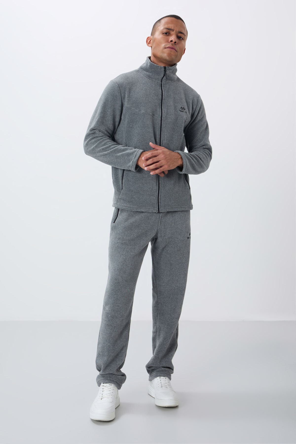 Gri Melanj Dik Yaka Basic Fermuar Cepli Standart Kalıp Erkek Polar Eşofman Takımı - 85193