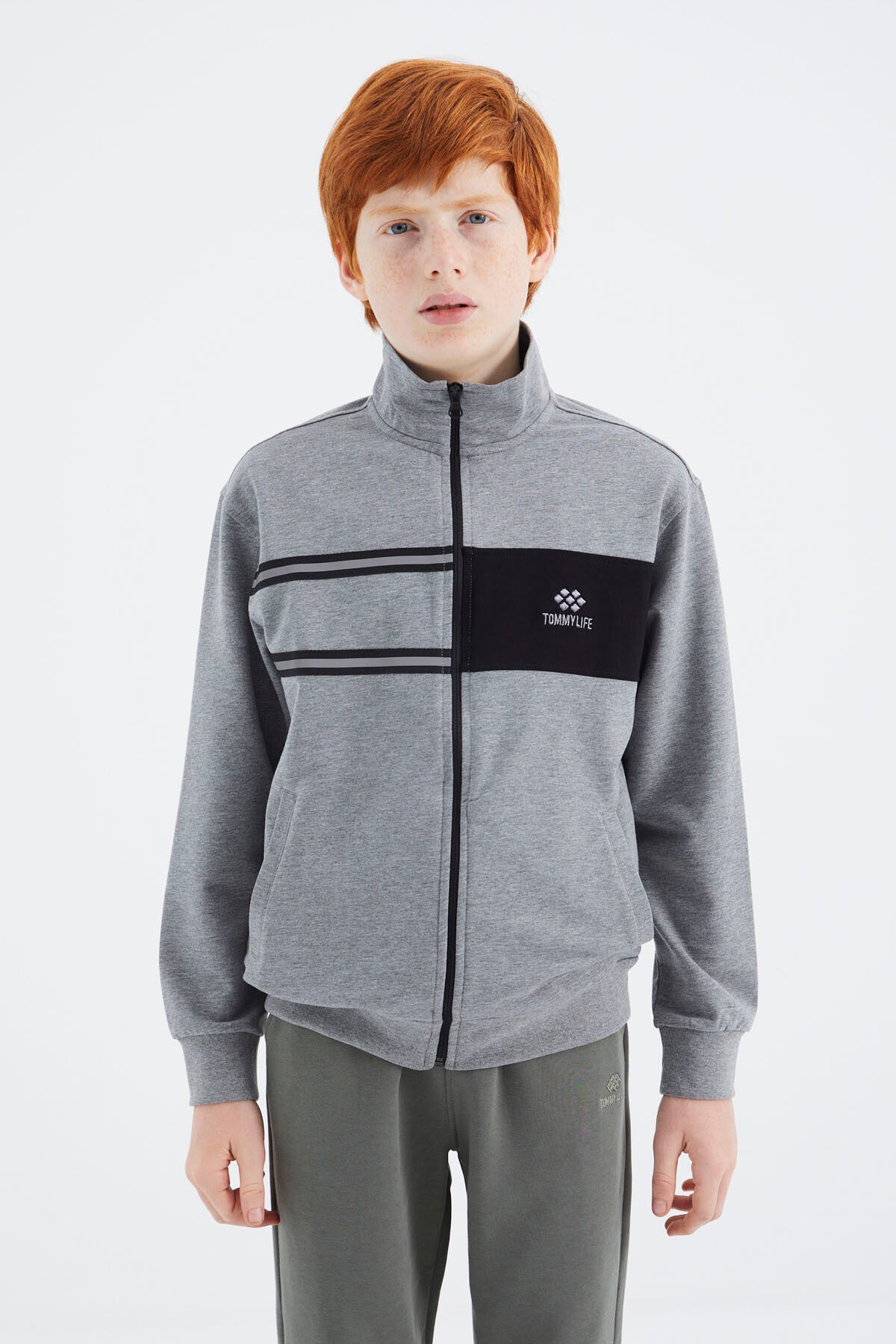 Gri Melanj Dik Yaka Erkek Çocuk Sweatshirt - 11183