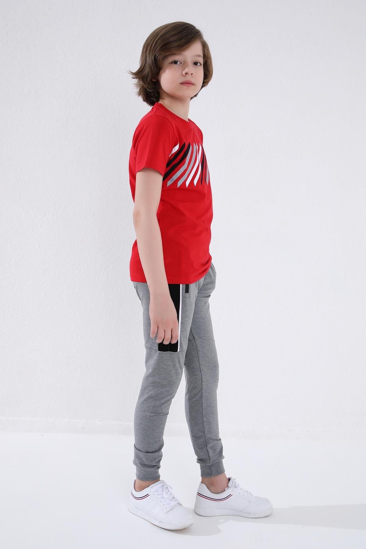 Gri Melanj  Erkek Çocuk Jogger Yarım Şeritli Standart Kalıp Manşetli Eşofman Alt - 64047