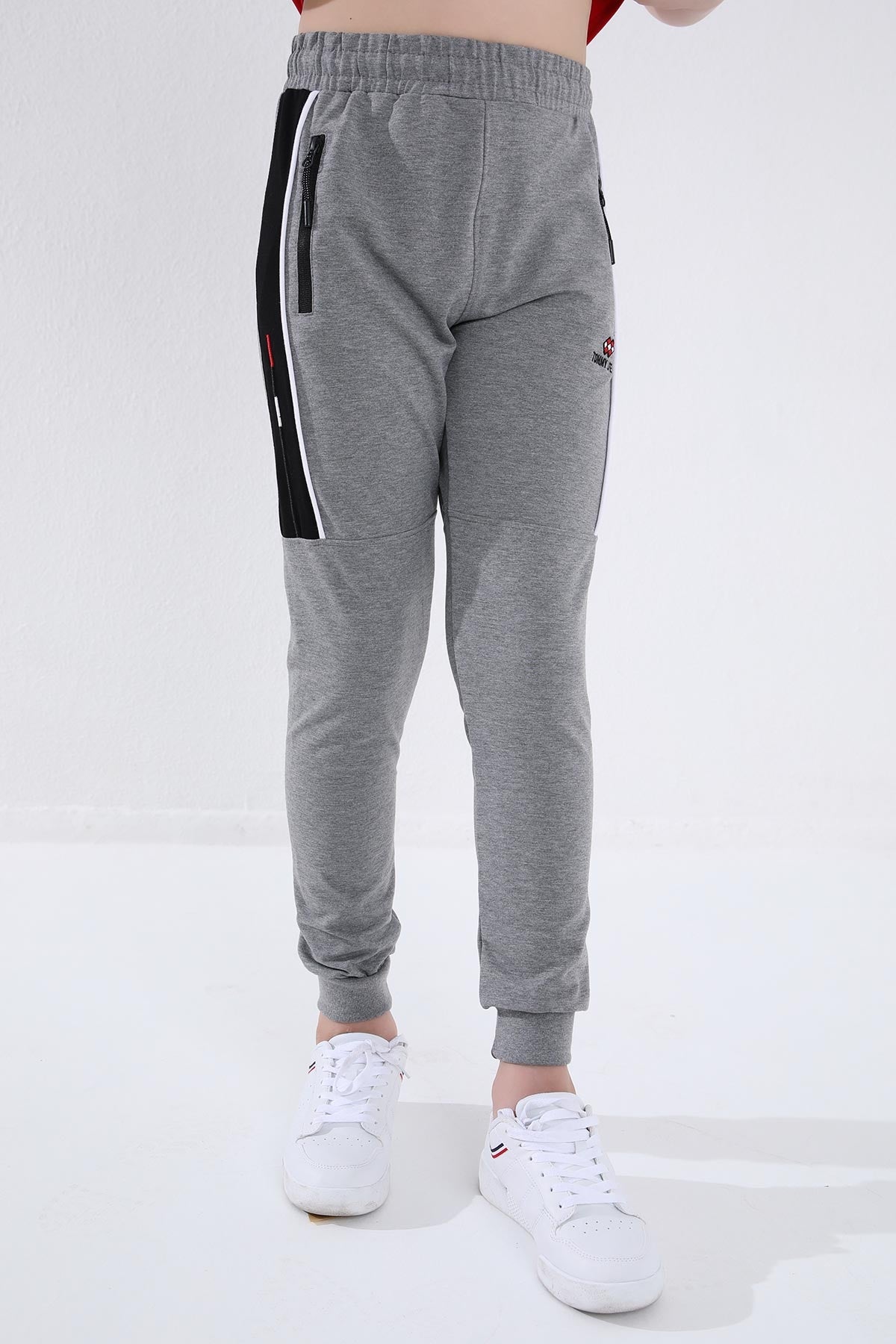 Gri Melanj  Erkek Çocuk Jogger Yarım Şeritli Standart Kalıp Manşetli Eşofman Alt - 64047