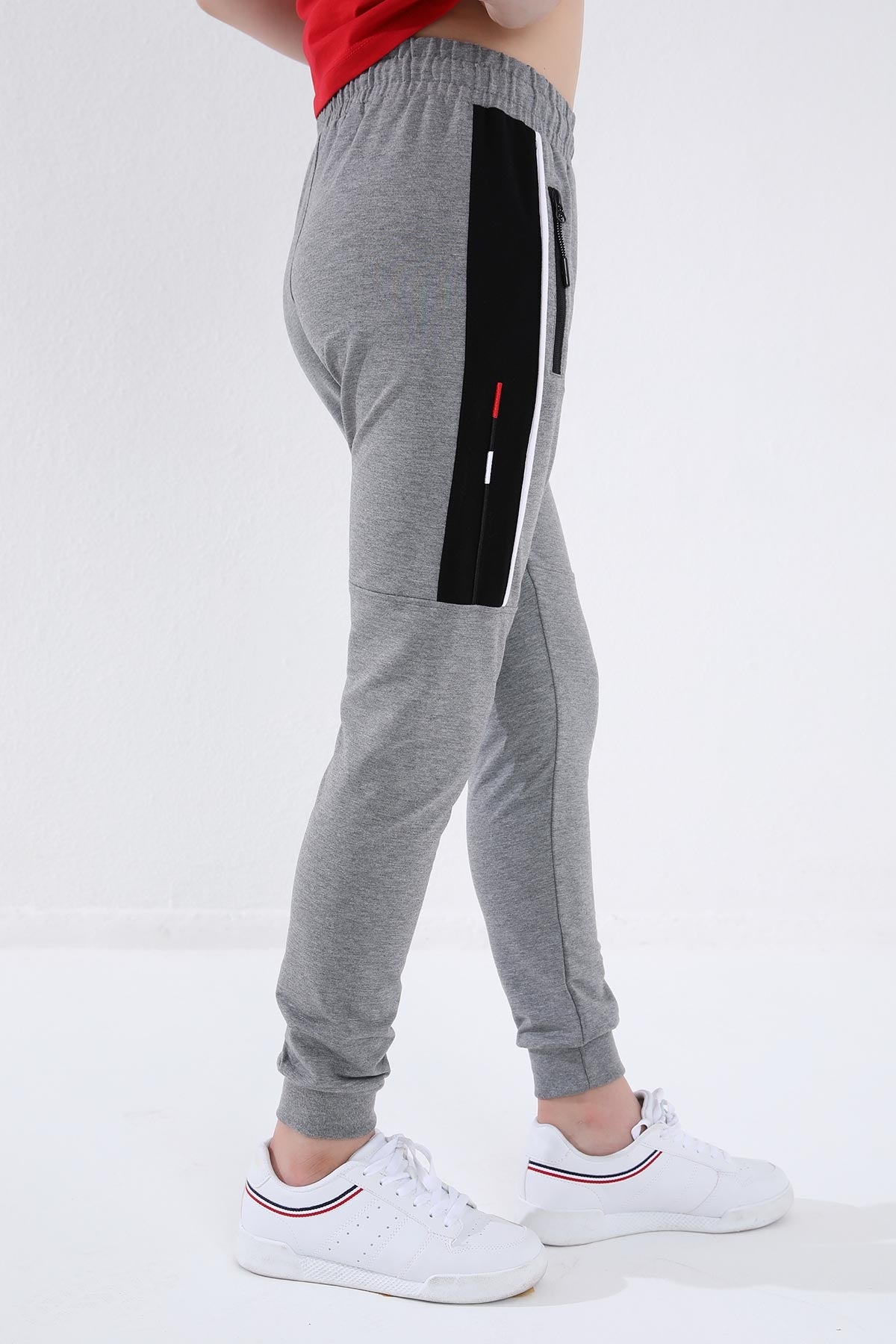 Gri Melanj  Erkek Çocuk Jogger Yarım Şeritli Standart Kalıp Manşetli Eşofman Alt - 64047
