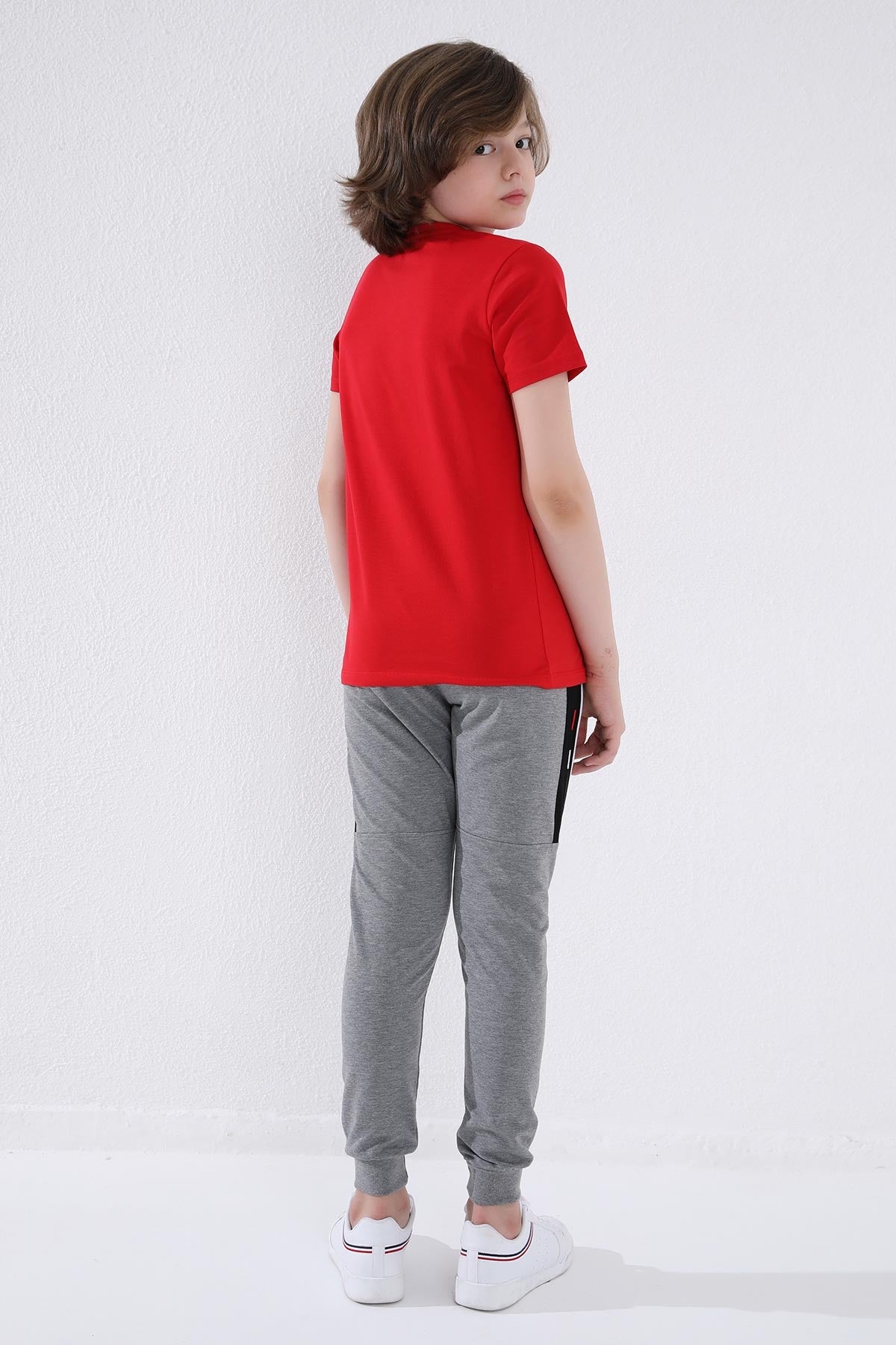 Gri Melanj  Erkek Çocuk Jogger Yarım Şeritli Standart Kalıp Manşetli Eşofman Alt - 64047