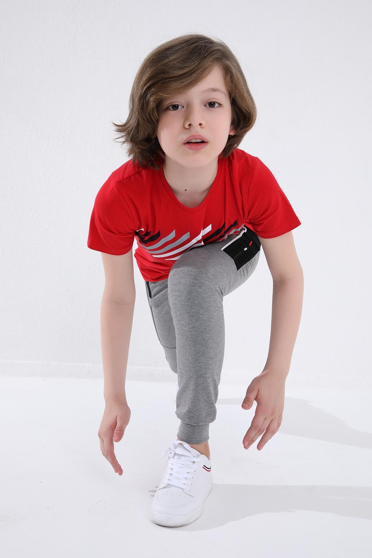Gri Melanj  Erkek Çocuk Jogger Yarım Şeritli Standart Kalıp Manşetli Eşofman Alt - 64047