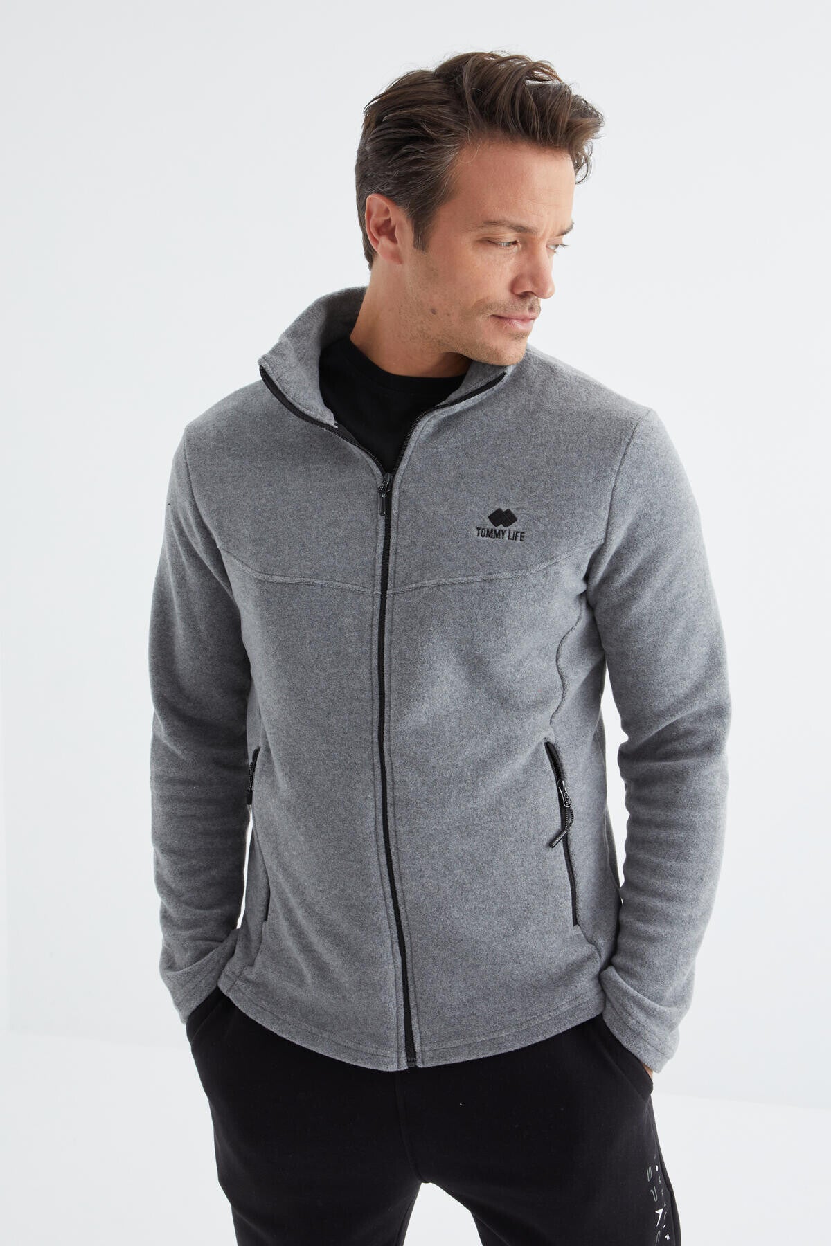 Gri Melanj Fermuarlı Dik Yaka Standart Kalıp Erkek Polar Sweatshirt - 88134