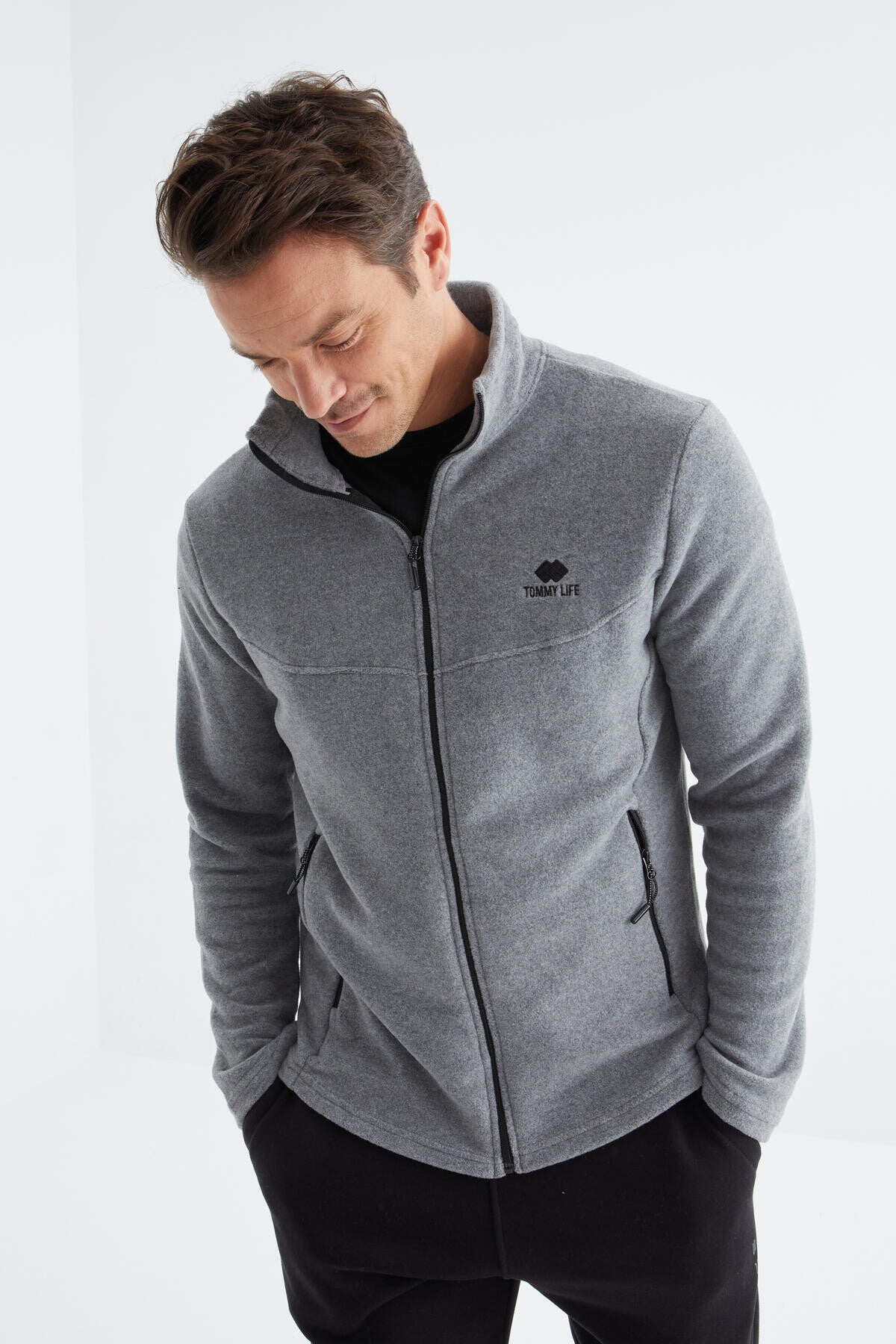 Gri Melanj Fermuarlı Dik Yaka Standart Kalıp Erkek Polar Sweatshirt - 88134