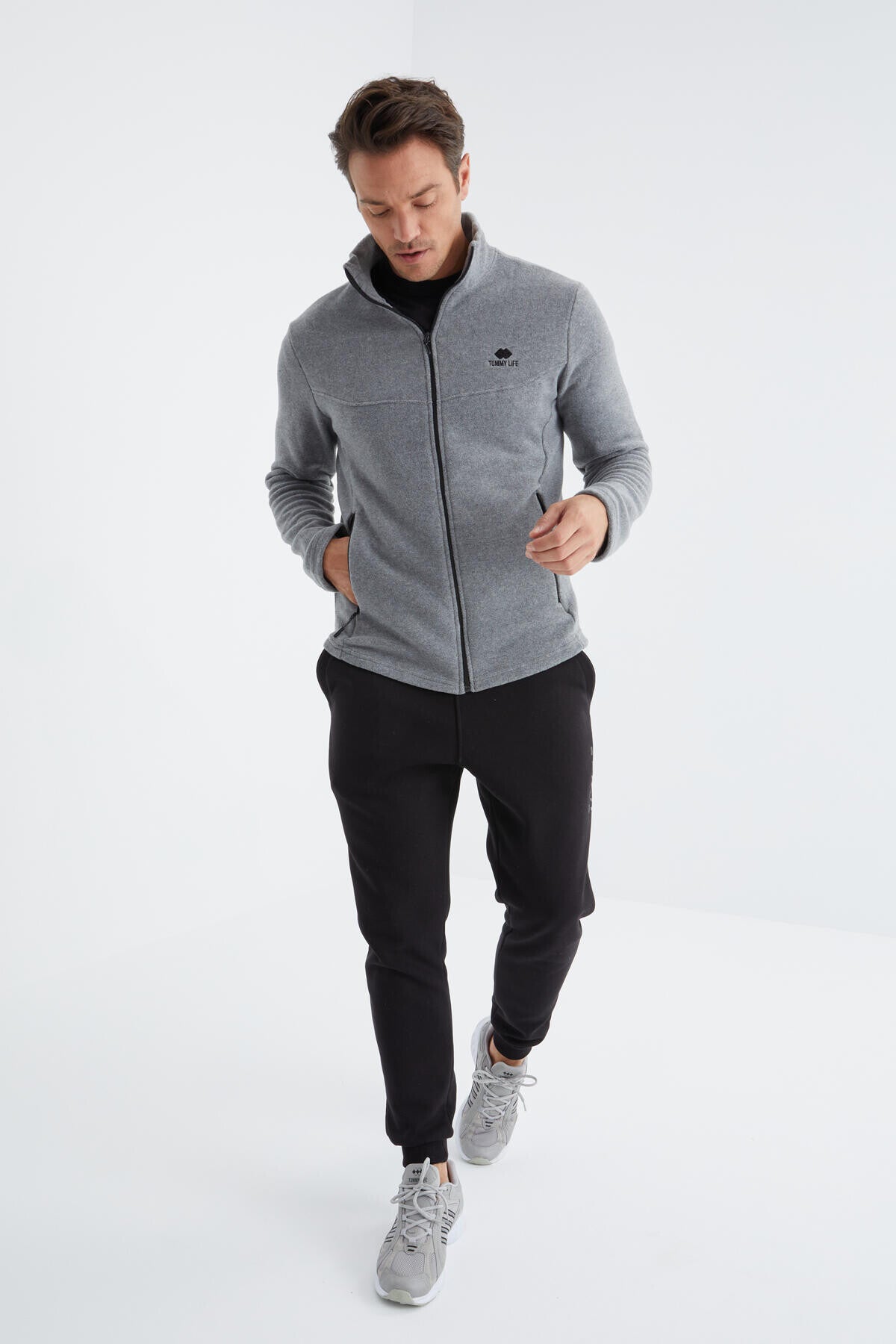 Gri Melanj Fermuarlı Dik Yaka Standart Kalıp Erkek Polar Sweatshirt - 88134