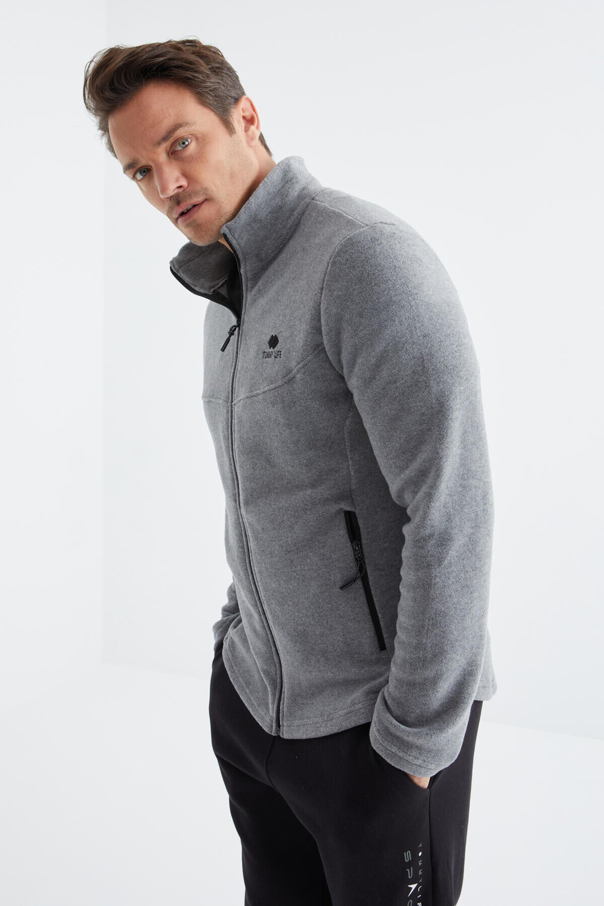 Gri Melanj Fermuarlı Dik Yaka Standart Kalıp Erkek Polar Sweatshirt - 88134