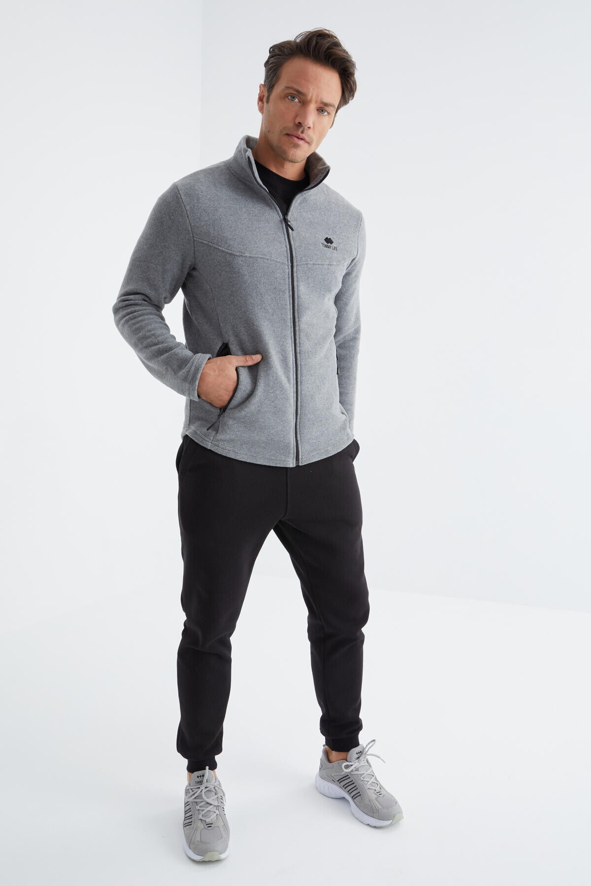 Gri Melanj Fermuarlı Dik Yaka Standart Kalıp Erkek Polar Sweatshirt - 88134