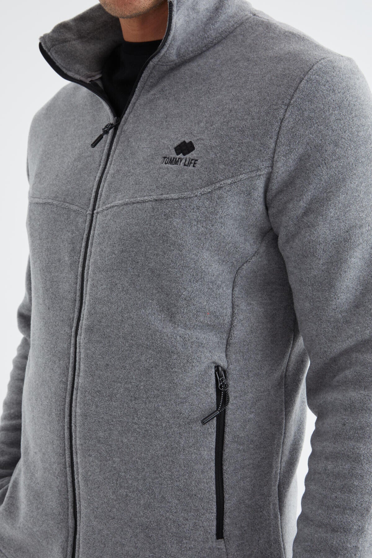 Gri Melanj Fermuarlı Dik Yaka Standart Kalıp Erkek Polar Sweatshirt - 88134