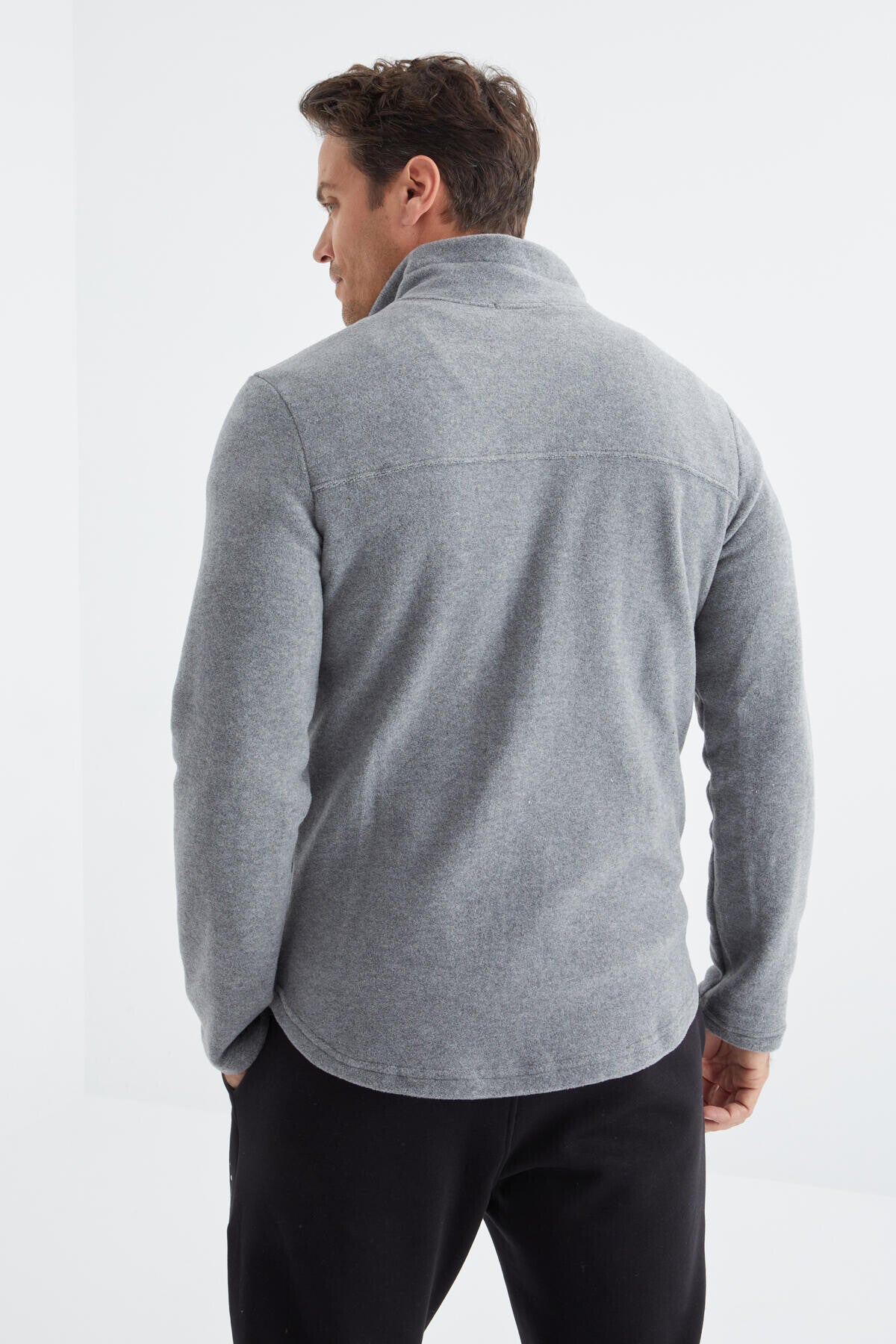 Gri Melanj Fermuarlı Dik Yaka Standart Kalıp Erkek Polar Sweatshirt - 88134
