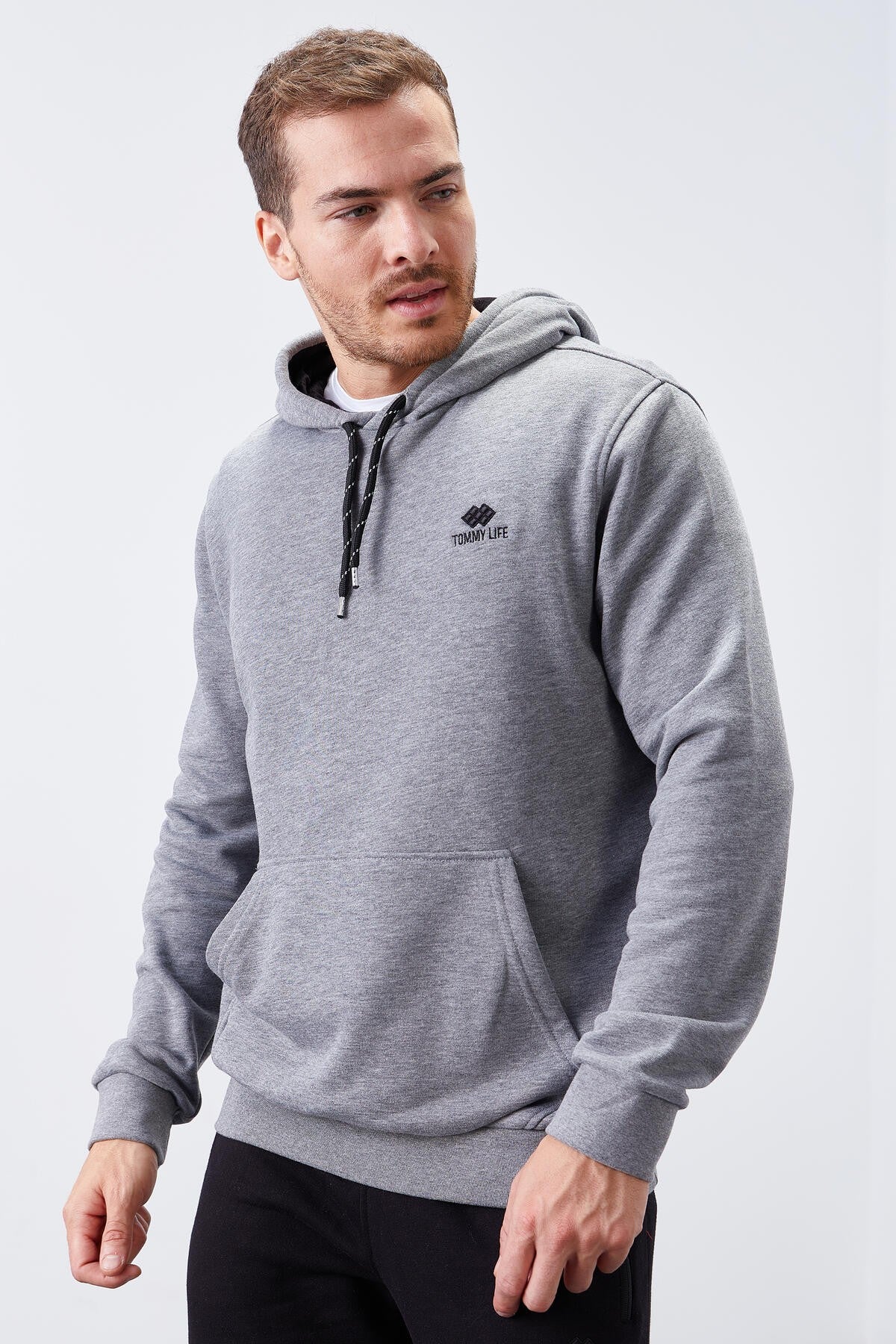 Gri Melanj Kanguru Cep Standart Kalıp Kapüşonlu Erkek Sweatshirt - 87872