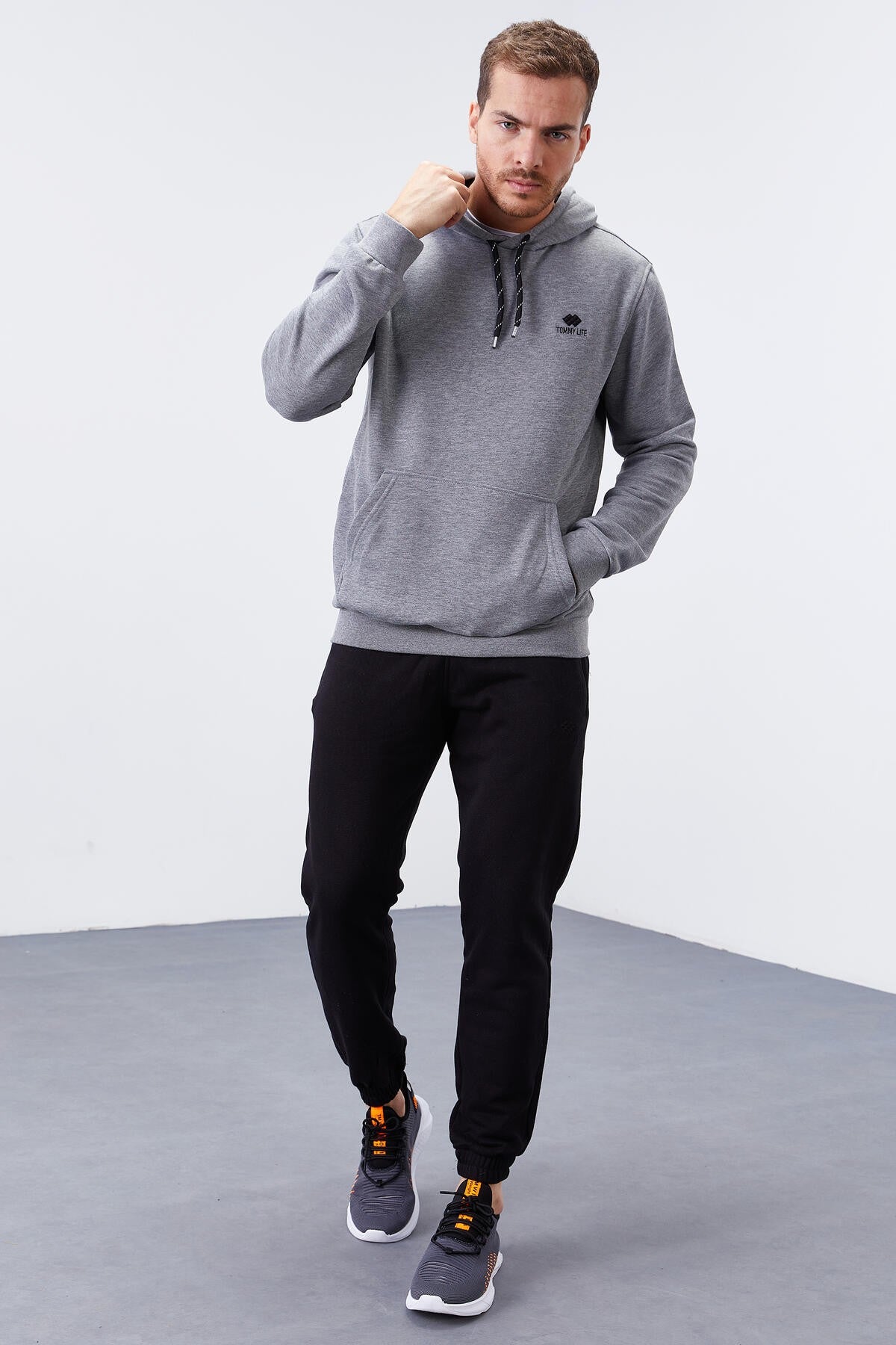 Gri Melanj Kanguru Cep Standart Kalıp Kapüşonlu Erkek Sweatshirt - 87872