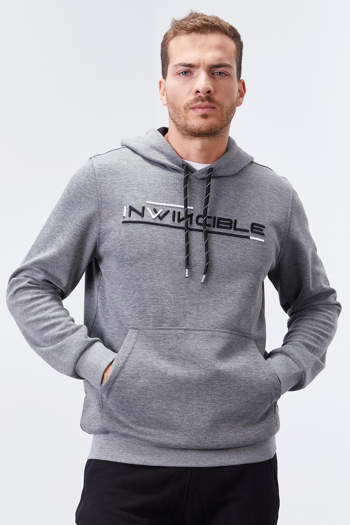 Gri Melanj Kanguru Cep Standart Kalıp Kapüşonlu Erkek Sweatshirt - 87883