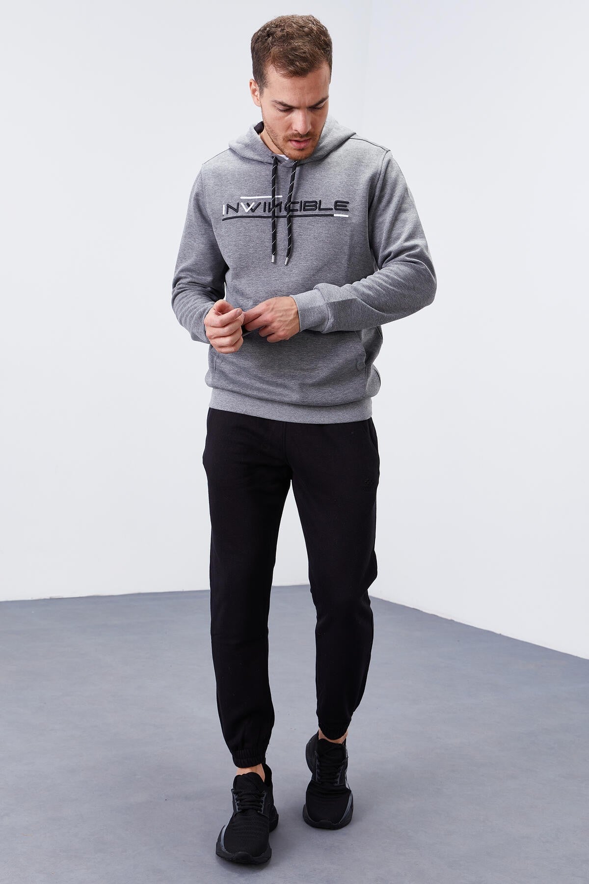 Gri Melanj Kanguru Cep Standart Kalıp Kapüşonlu Erkek Sweatshirt - 87883