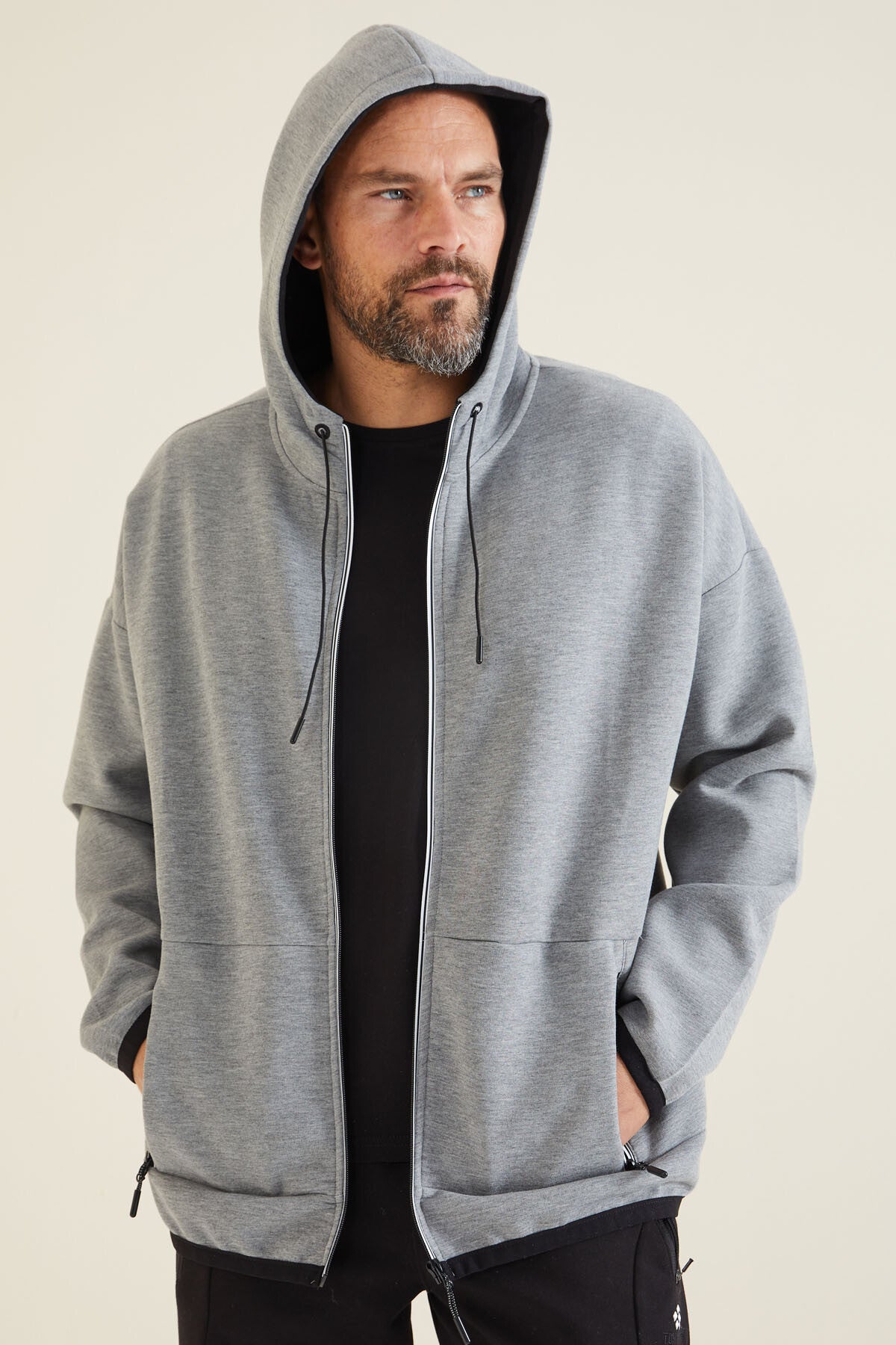 Gri Melanj Kapüşonlu  Gizli Cep Detaylı Erkek Sweatshirt - 88288