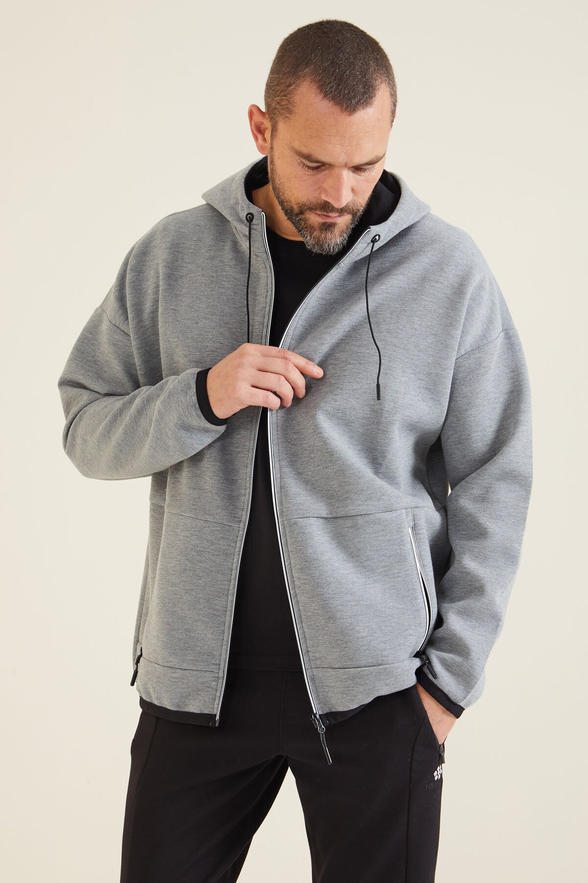 Gri Melanj Kapüşonlu  Gizli Cep Detaylı Erkek Sweatshirt - 88288
