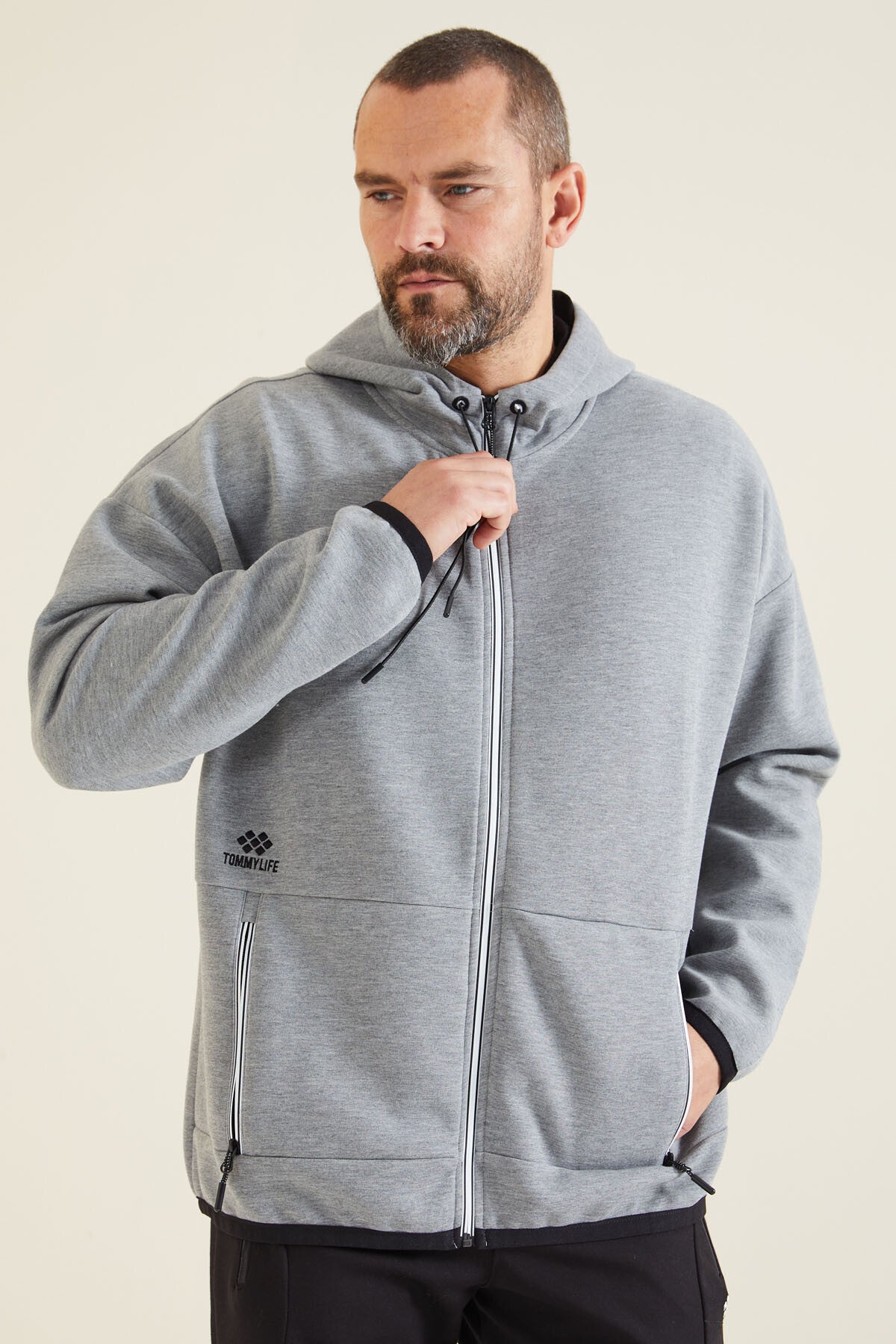 Gri Melanj Kapüşonlu  Gizli Cep Detaylı Erkek Sweatshirt - 88288