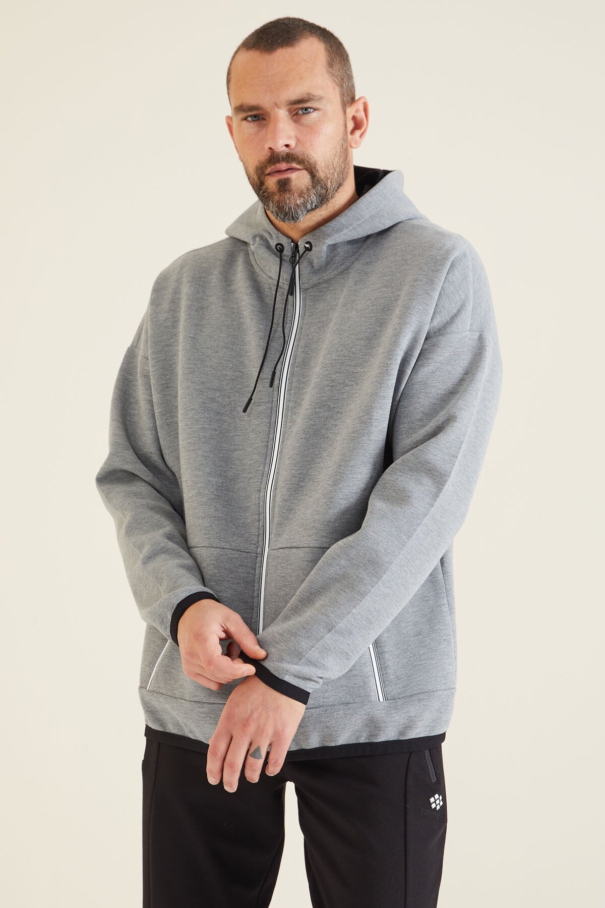 Gri Melanj Kapüşonlu  Gizli Cep Detaylı Erkek Sweatshirt - 88288