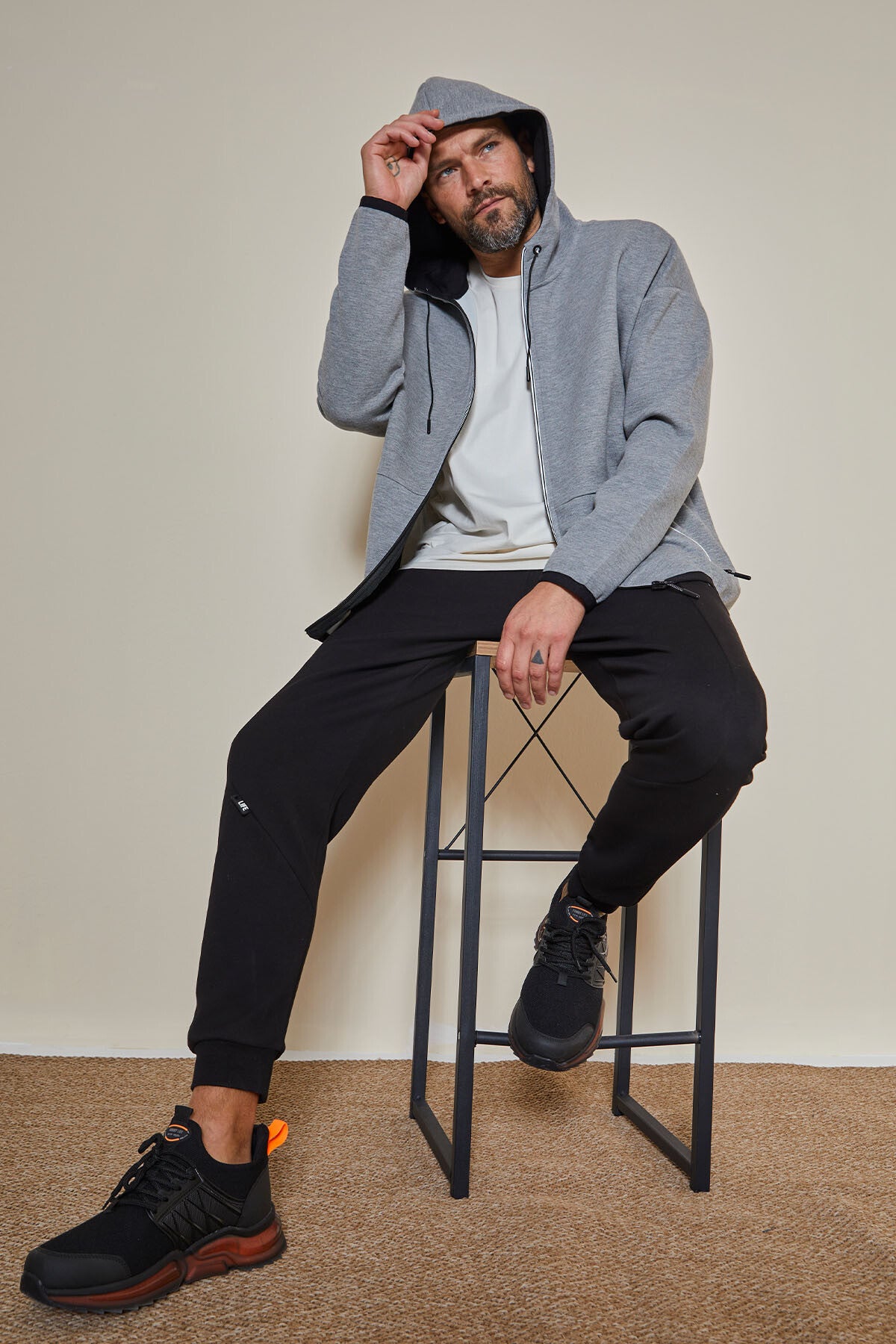 Gri Melanj Kapüşonlu  Gizli Cep Detaylı Erkek Sweatshirt - 88288