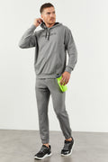 Gray Melange Hooded Kangaroo Pocket Ribbed Cuff Men's Oversize Tracksuit - 85117