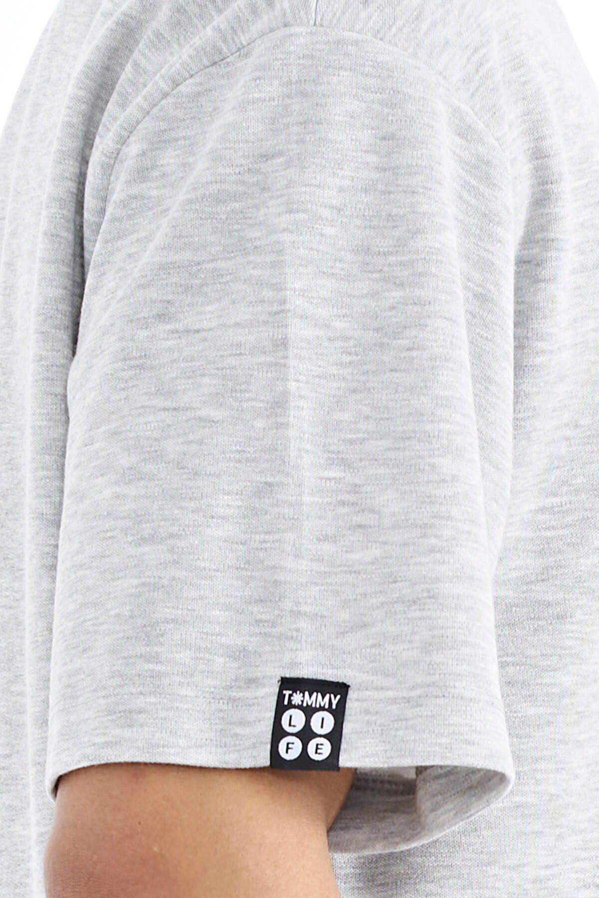 Gri Melanj Kol Arma Detaylı Basic Oversize Erkek T-Shirt - 88193