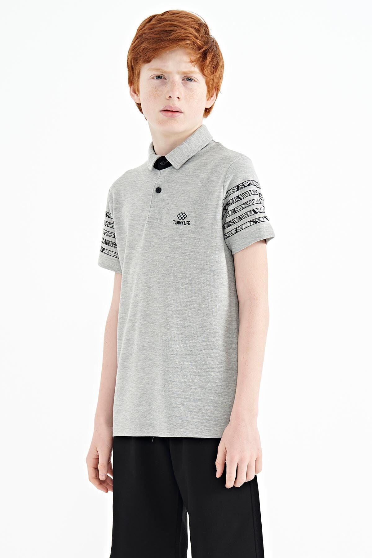 Gri Melanj Kol Baskı Detaylı Standart Kalıp Polo Yaka Erkek Çocuk T-Shirt - 11093