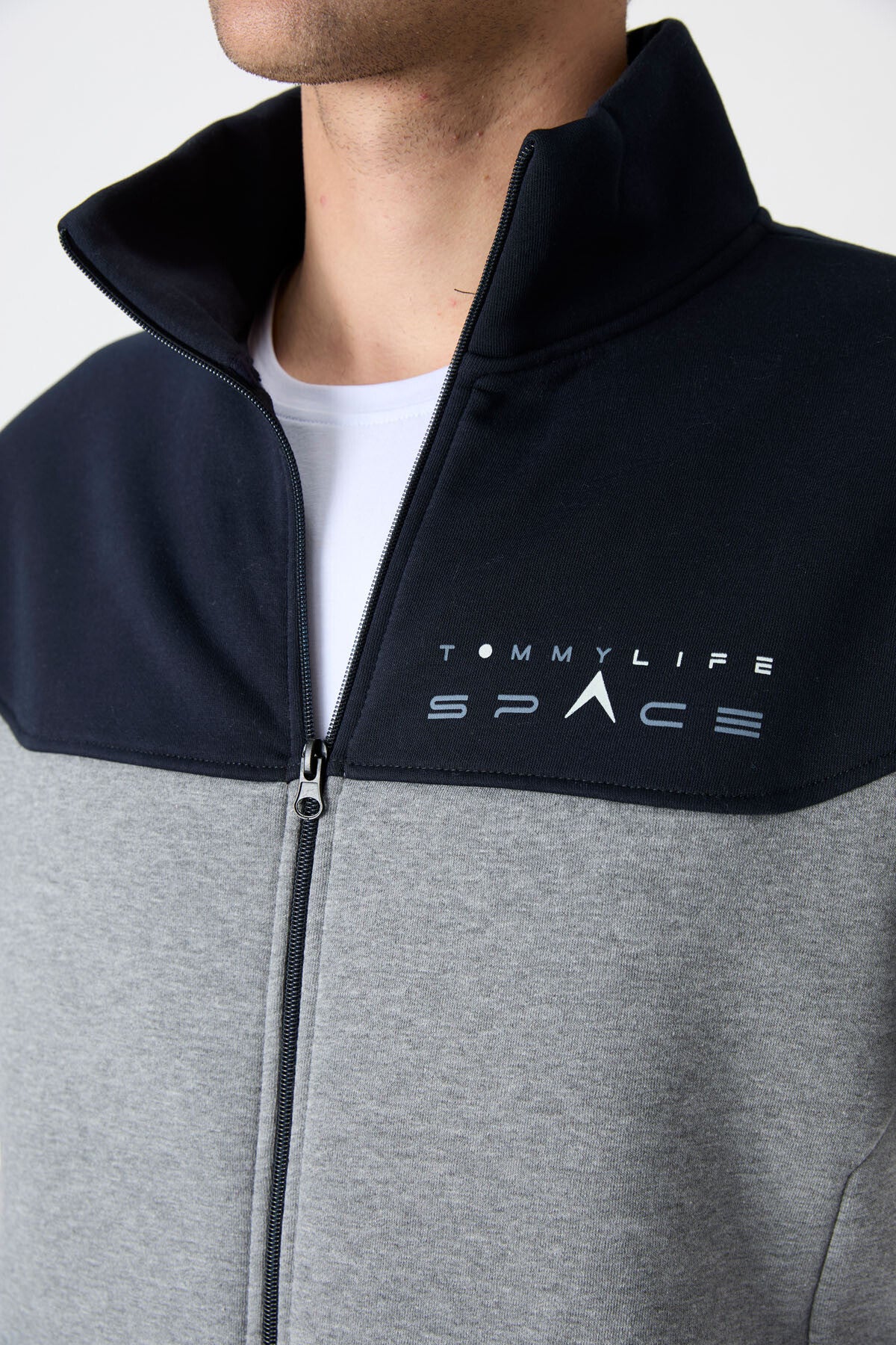 Gri Melanj - Lacivert Dik Yaka  Renk Geçişli İçi Polarlı Erkek Eşofman Takımı  - 85186